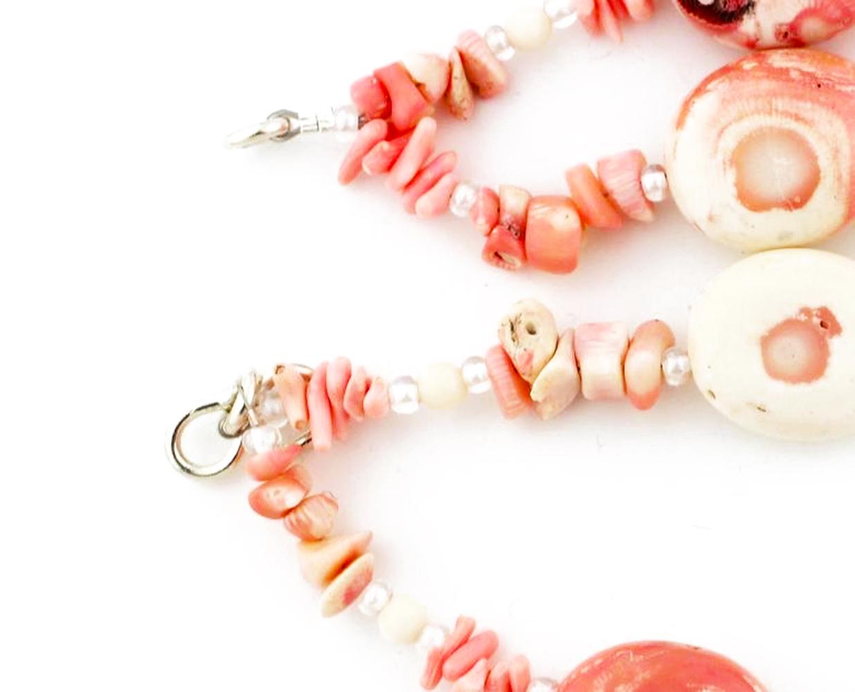 Mixed Cut AJD BoHo Chic Double Strand Pink White Natural Coral Silver Necklace For Sale