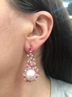 Pink and White Sapphire Freshwater Pearl Drop Earrings 4.72 Carat 18 Karat