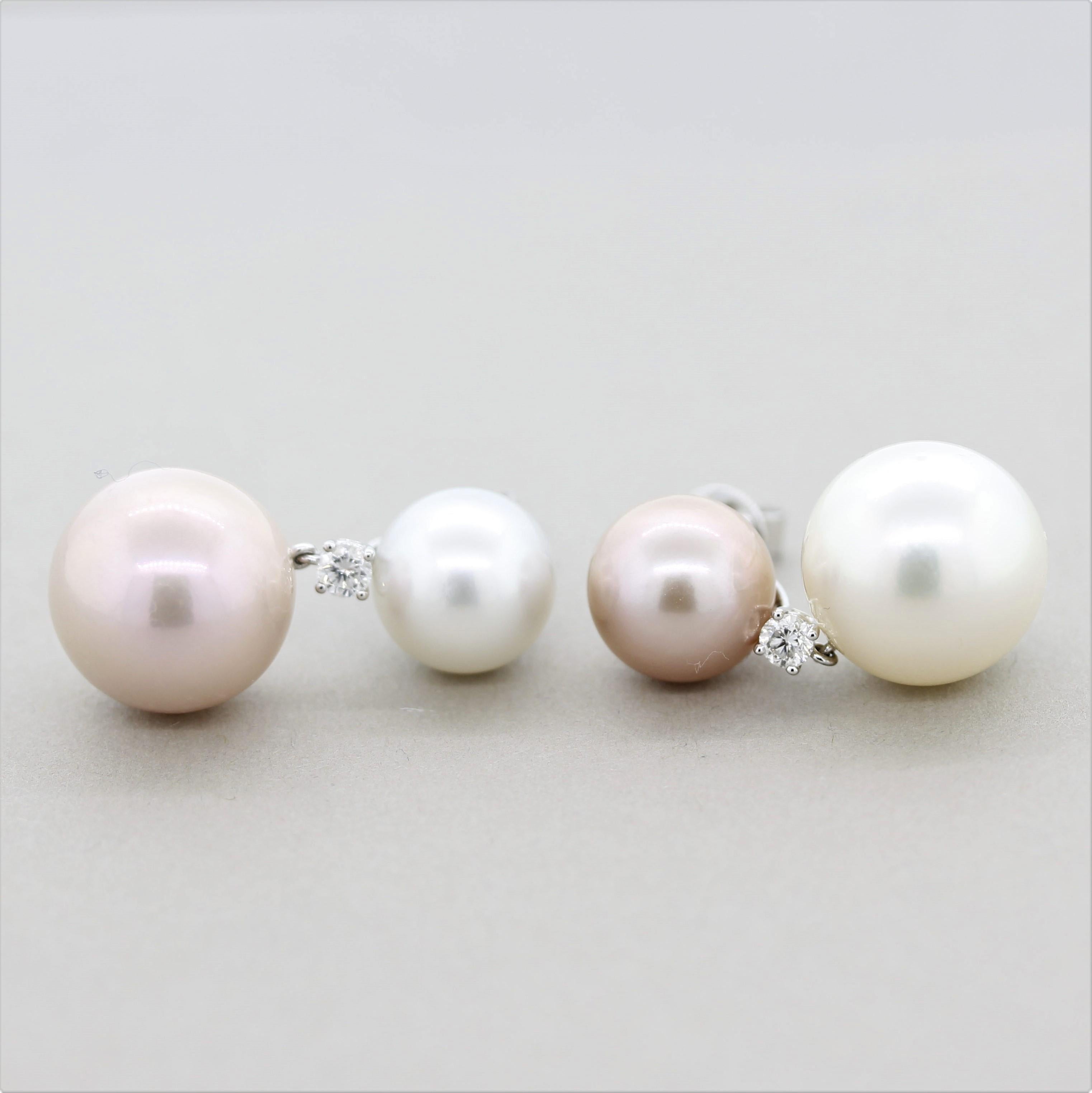 Round Cut Pink & White South Sea Pearl Diamond Gold Drop Earrings For Sale