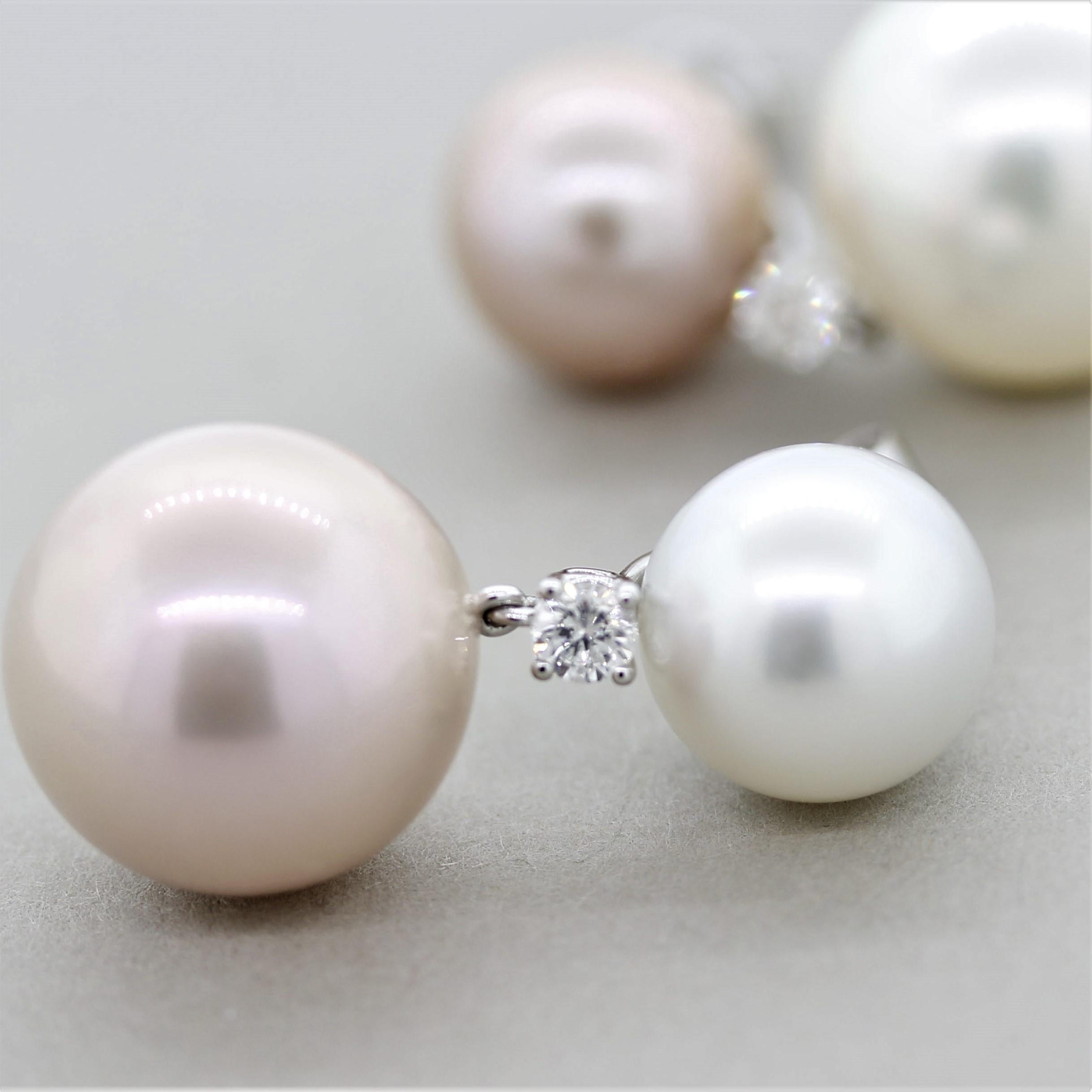 Pink & White South Sea Pearl Diamond Gold Drop Earrings In New Condition For Sale In Beverly Hills, CA