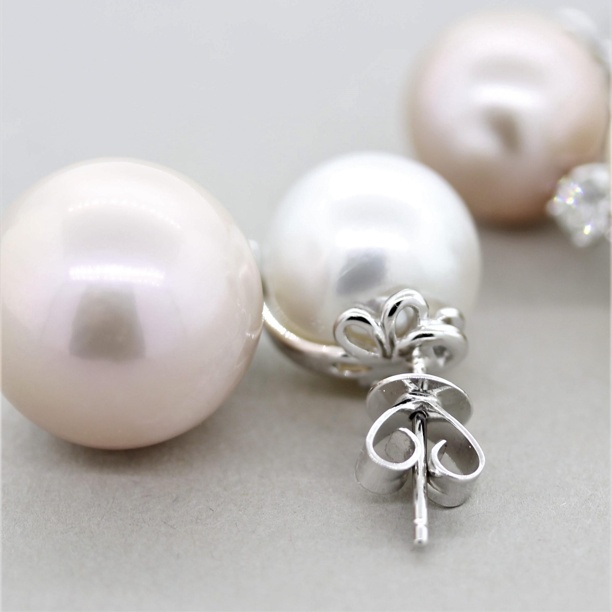 Women's Pink & White South Sea Pearl Diamond Gold Drop Earrings For Sale