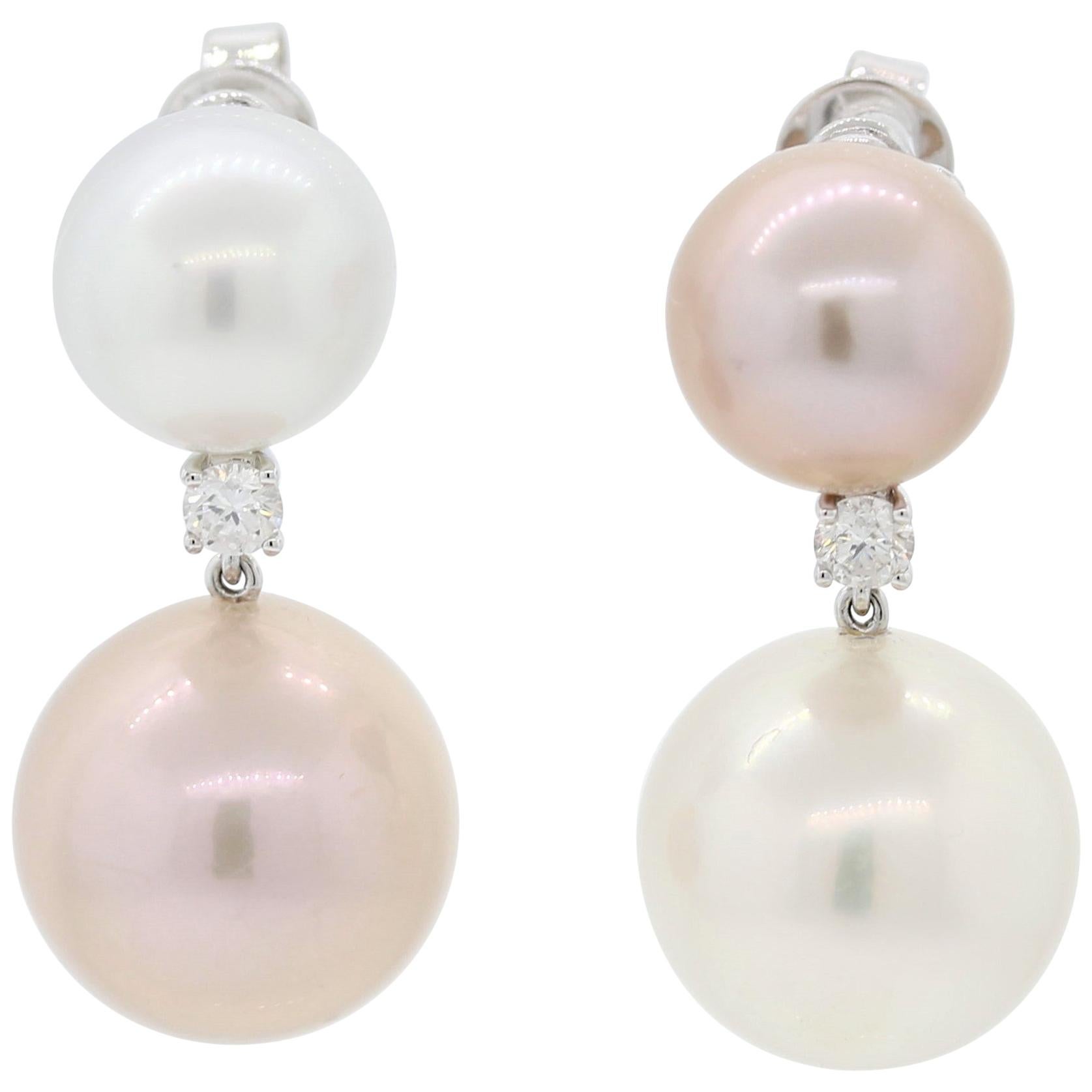 Pink & White South Sea Pearl Diamond Gold Drop Earrings For Sale