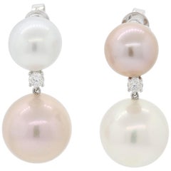 Pink & White South Sea Pearl Diamond Gold Drop Earrings