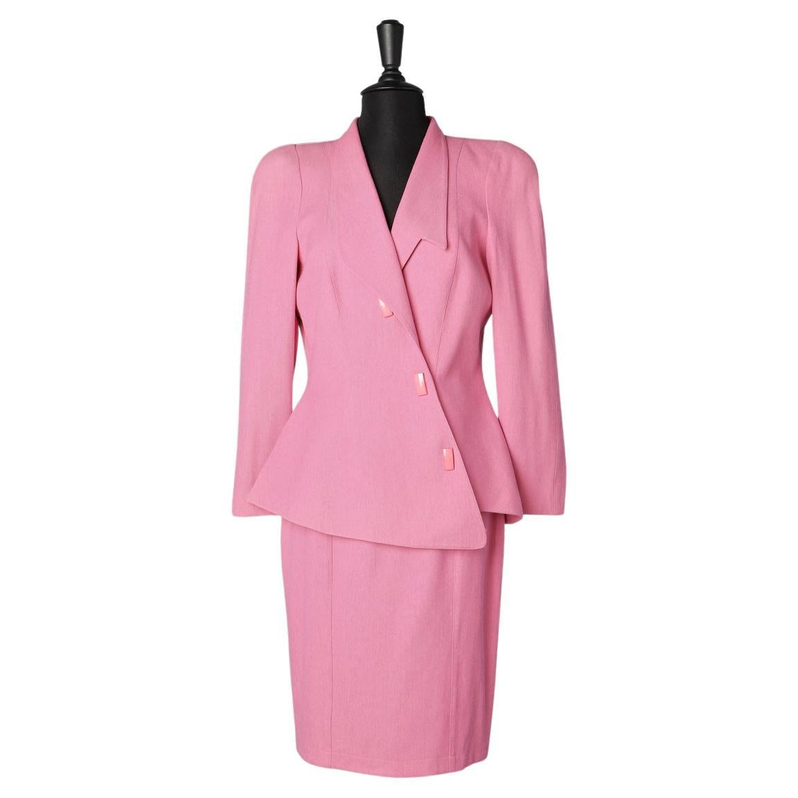 Pink wool asymmetrical double-breasted skirt suit Thierry Mugler Activ For Sale