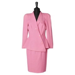 Vintage Pink wool asymmetrical double-breasted skirt suit Thierry Mugler Activ