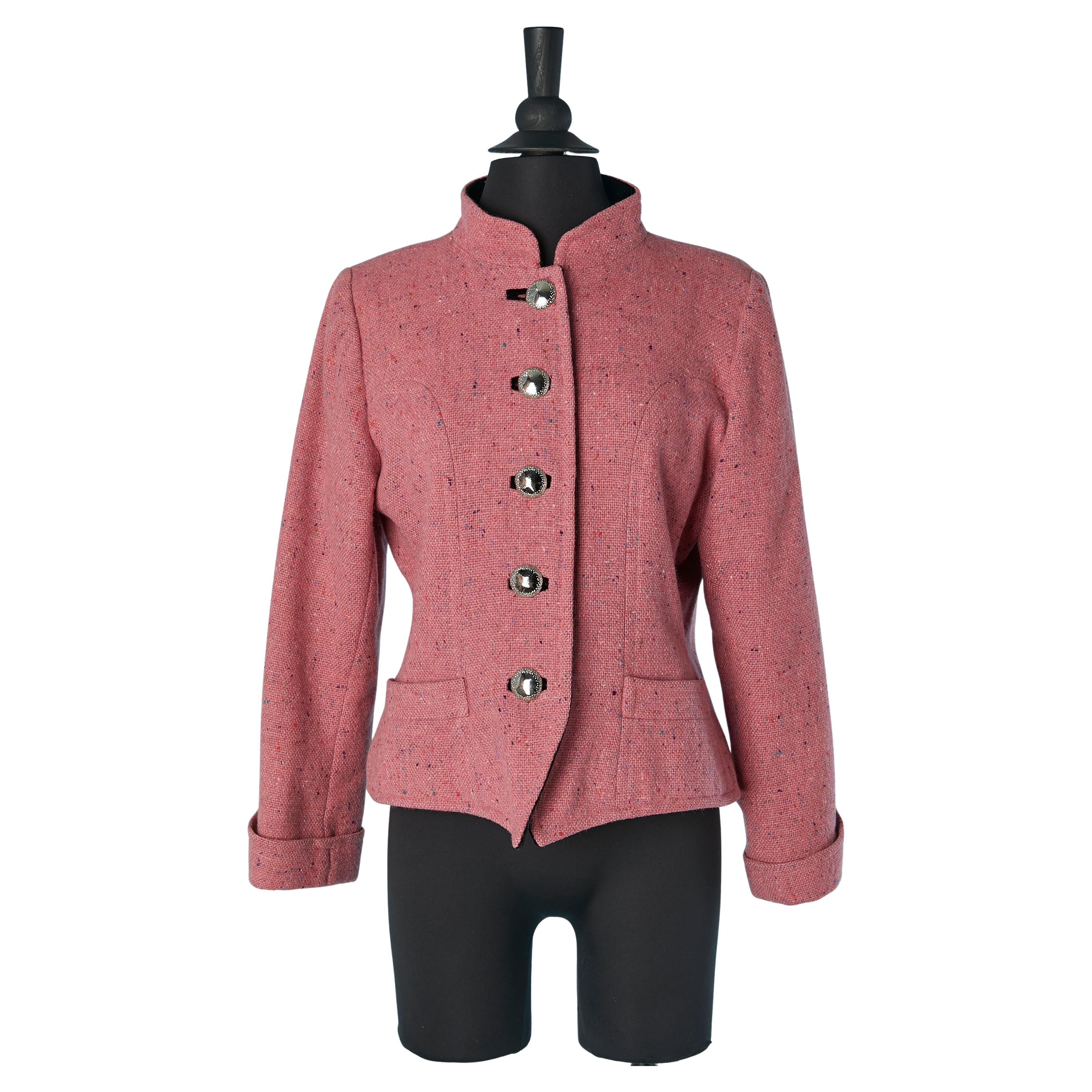 Giacca in lana chiné rosa con bottoni d'argento Yves Saint Laurent Rive Gauche