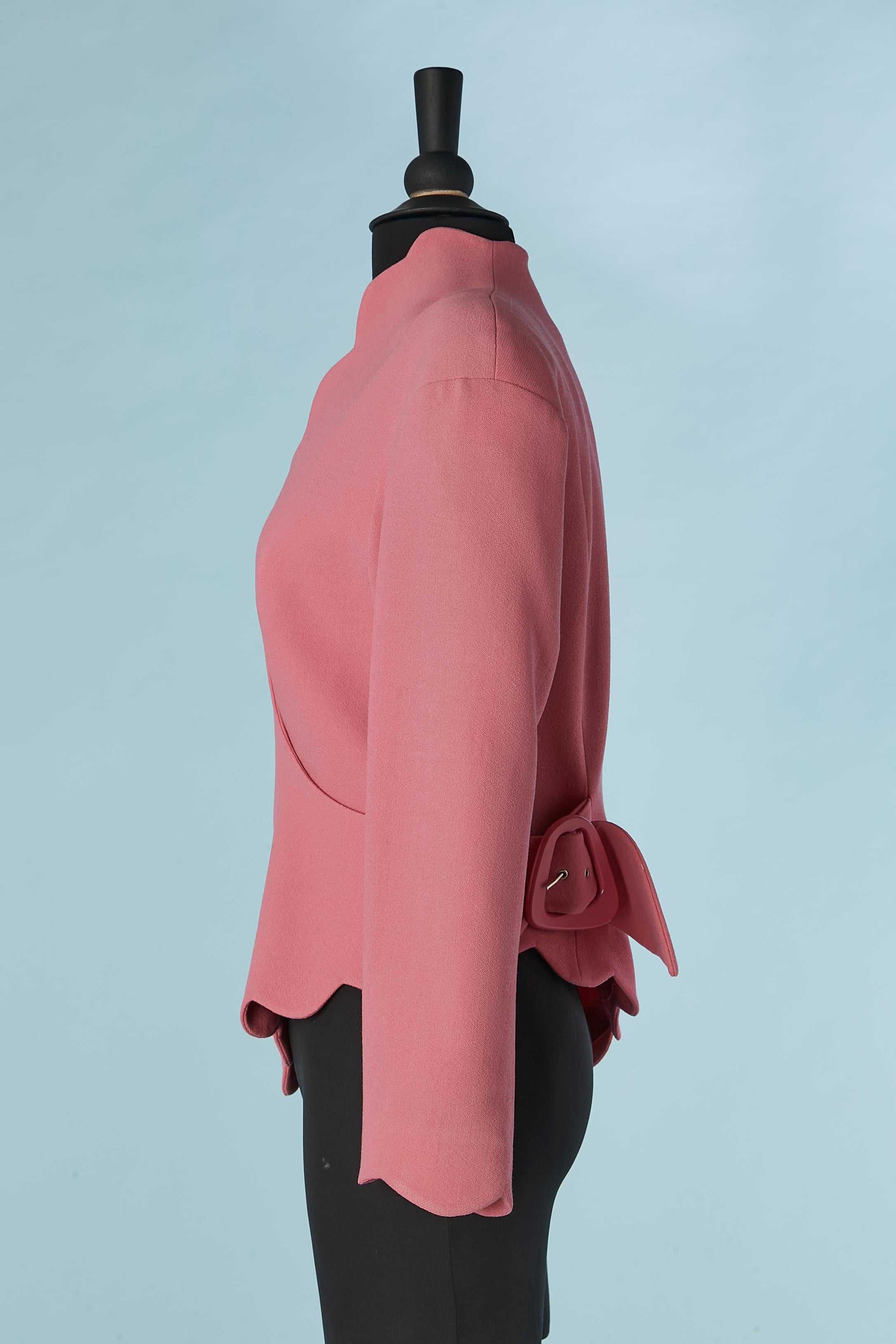 Pink wool wrapped asymmetrical jacket with pink buckle Thierry Mugler ACTIV  For Sale 1