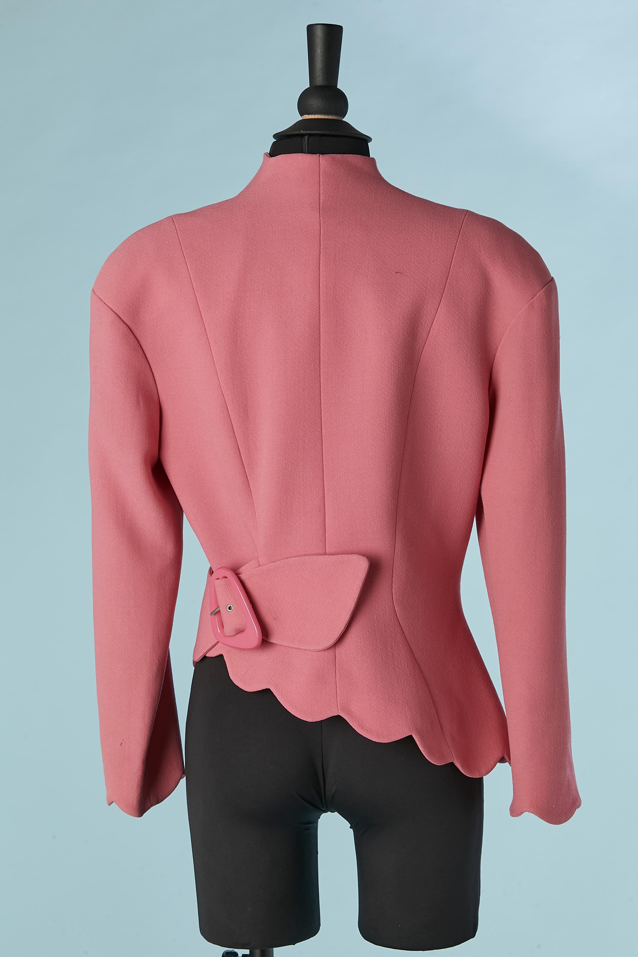 Pink wool wrapped asymmetrical jacket with pink buckle Thierry Mugler ACTIV  For Sale 2