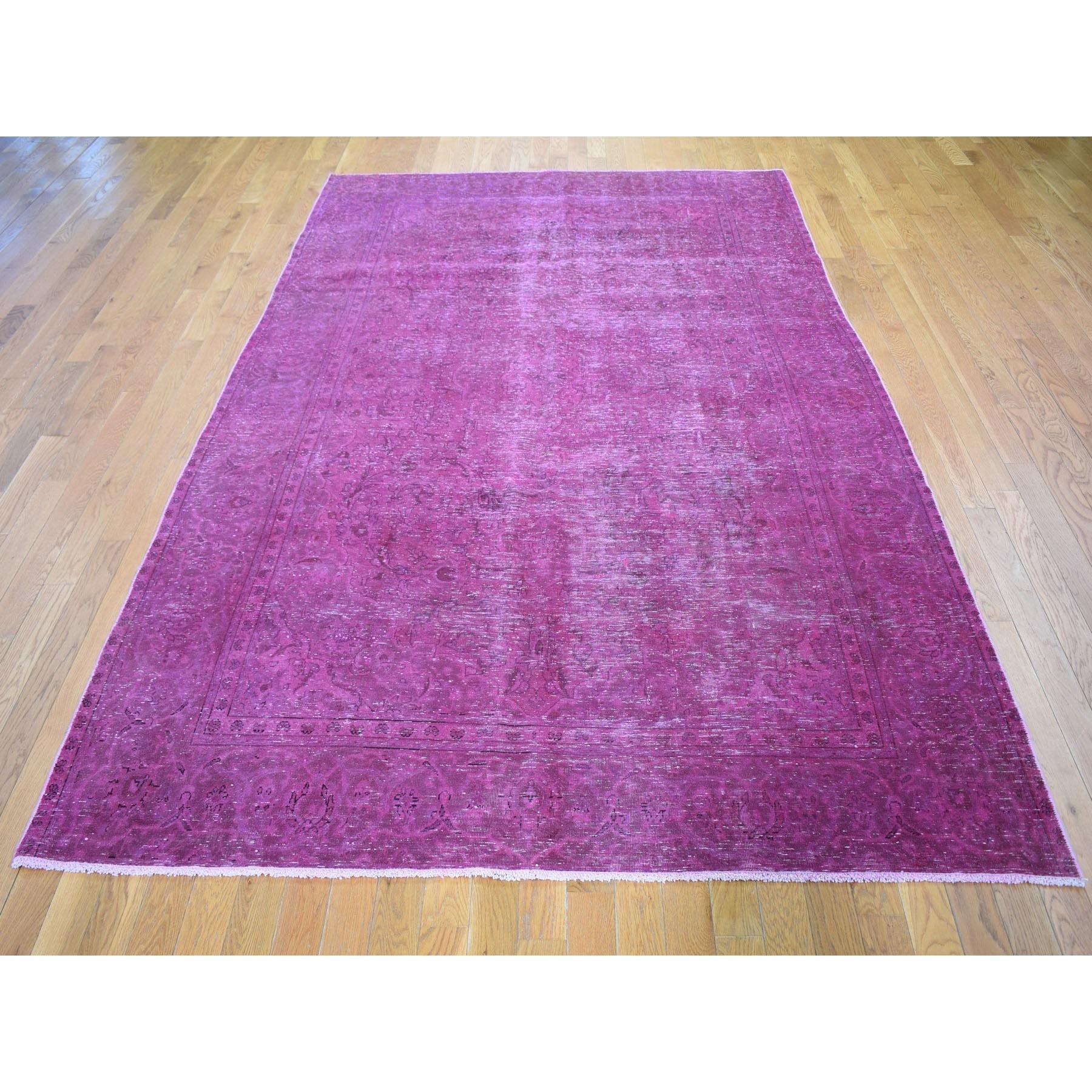 Hand-Knotted Pink Worn Down Overdyed Persian Tabriz Vintage Hand Knotted Wool Oriental Rug For Sale