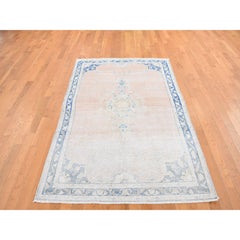 Pink Worn Wool Hand Knotted White Wash Vintage Kerman Worn Pile Distressed Rug