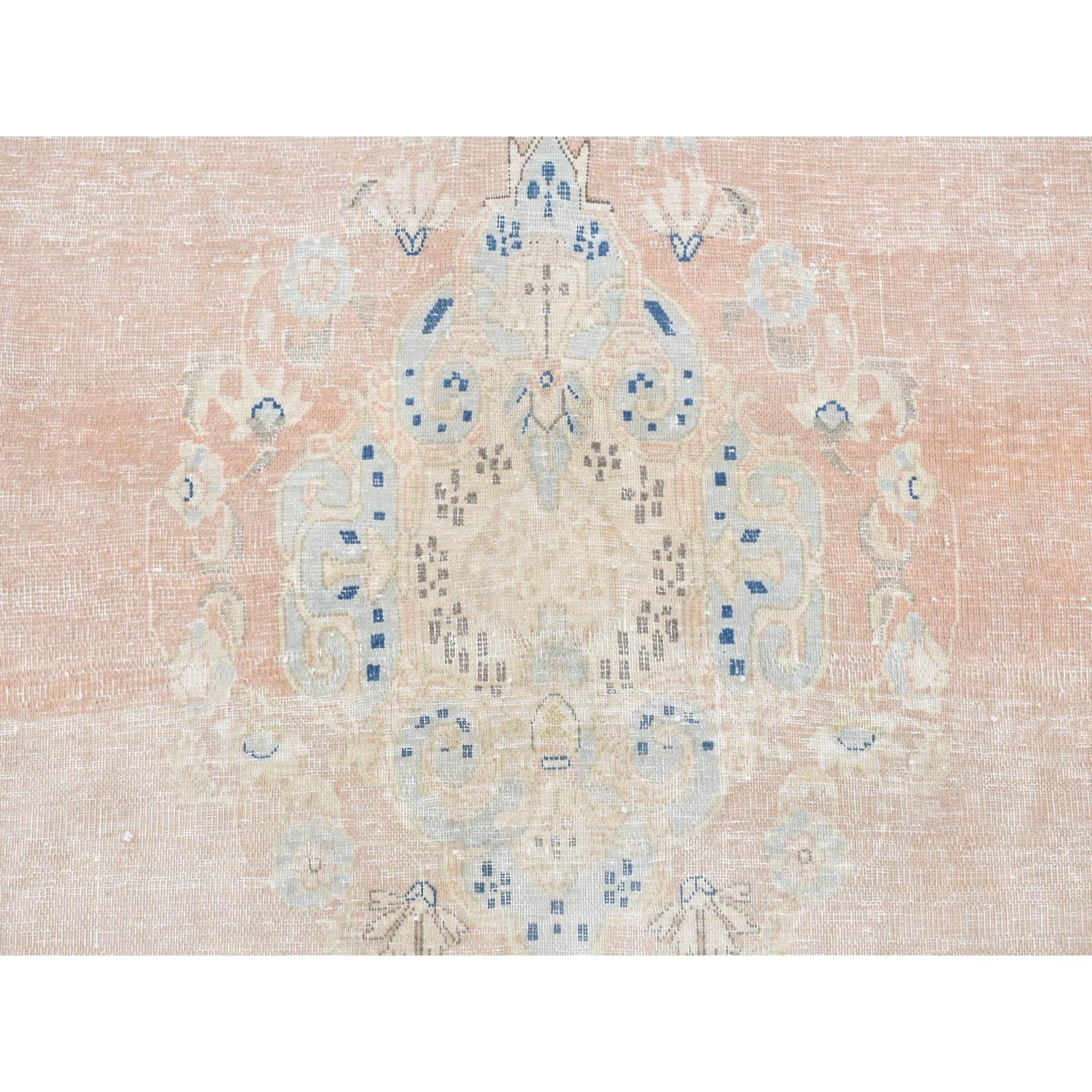 Pink Worn Wool Hand Knotted White Wash Vintage Kerman Worn Pile Distressed Rug For Sale 1