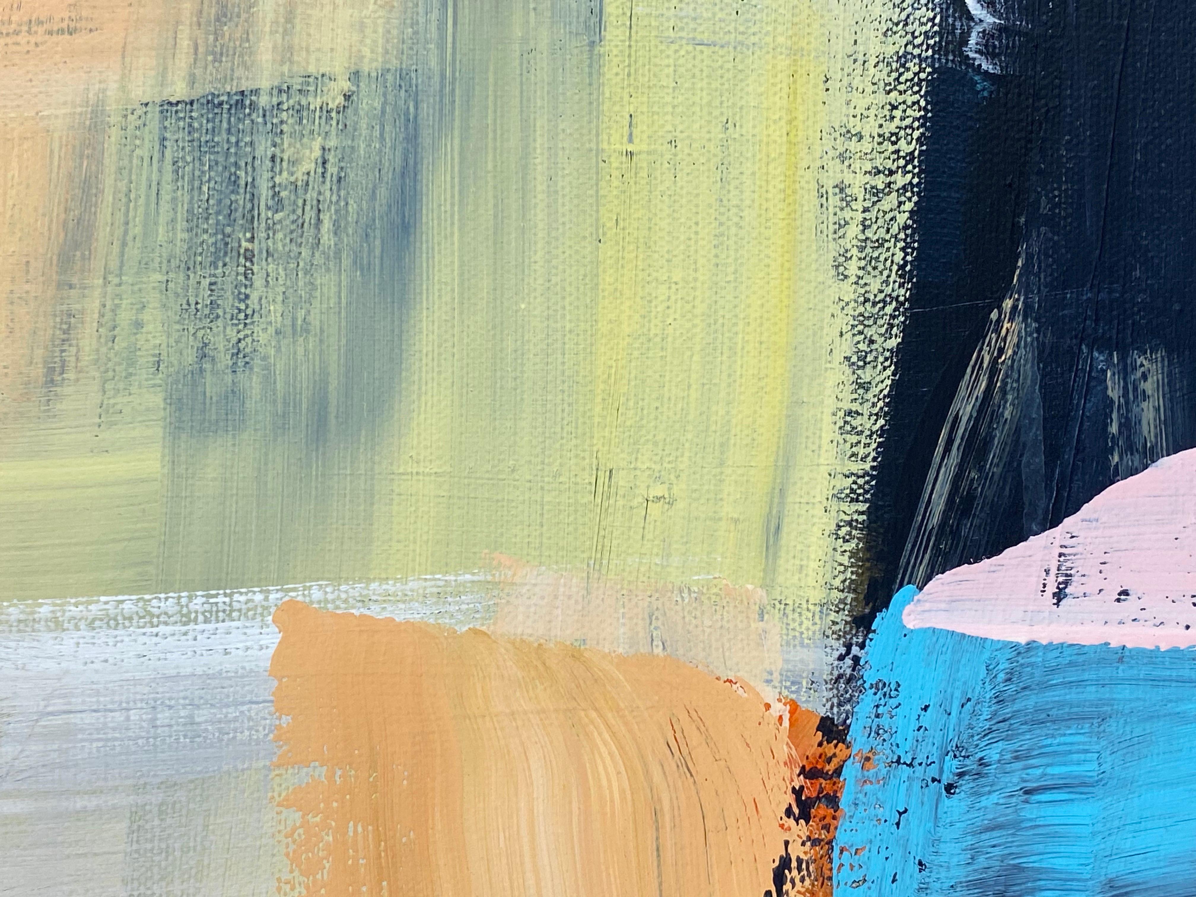 Moderne Peinture abstraite contemporaine rose jaune bleu 