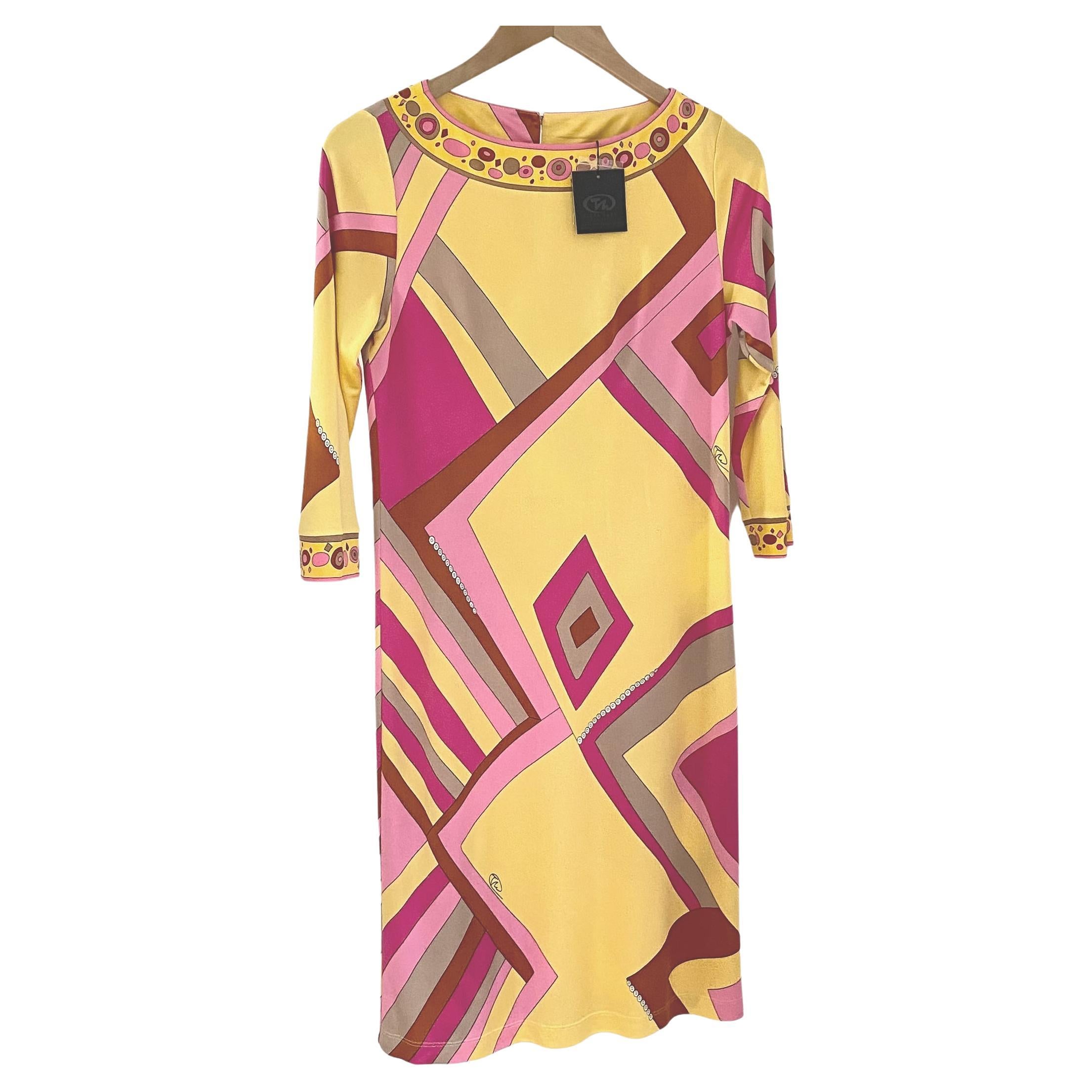 Pink Yellow Deco Mix Print Silk Shift FLORA KUNG Dress  NWT For Sale