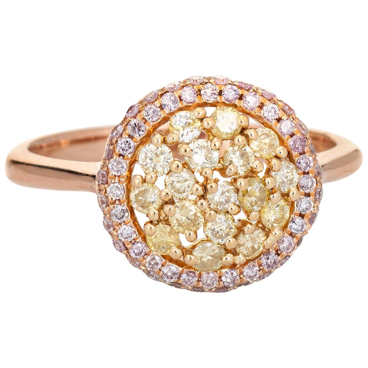 Pink Yellow Diamond Halo Ring Estate 18 Karat Rose Gold Fine Colored Gemstones For Sale
