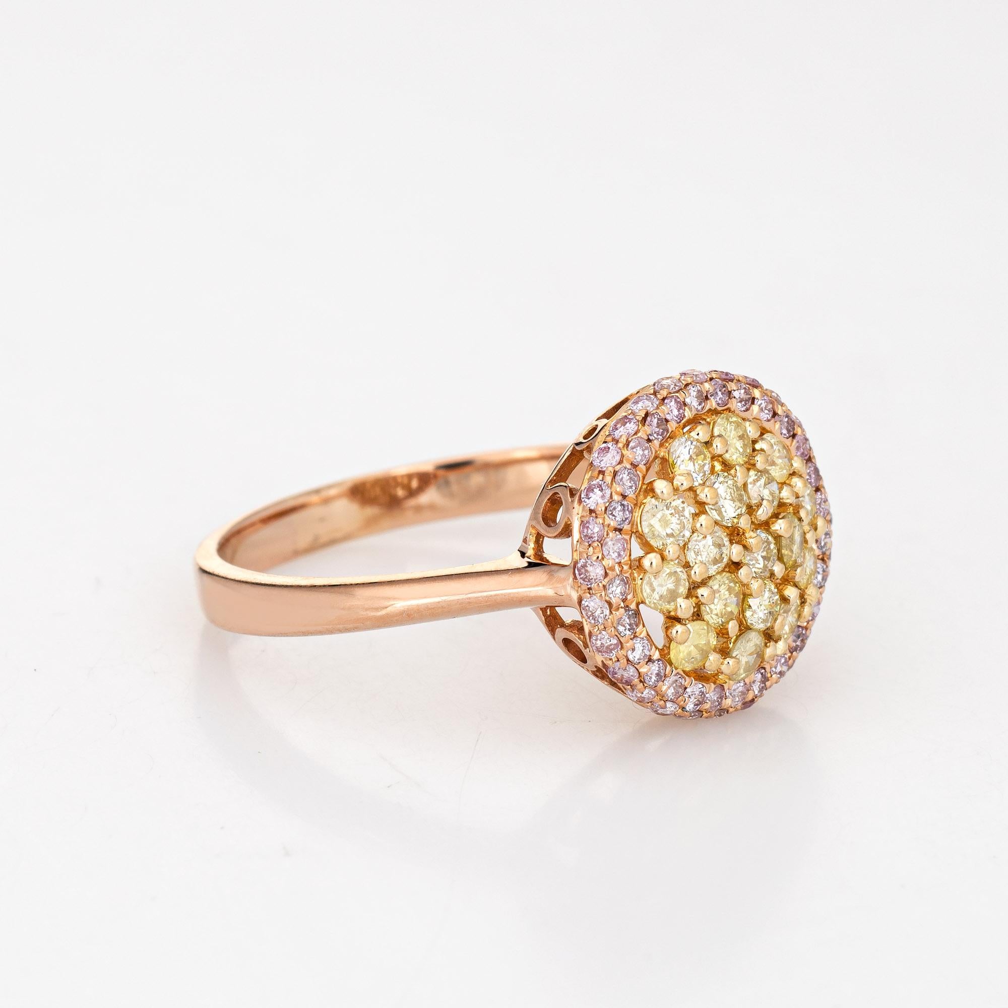 Modern Pink Yellow Diamond Halo Ring Estate 18 Karat Rose Gold Fine Colored Gemstones For Sale