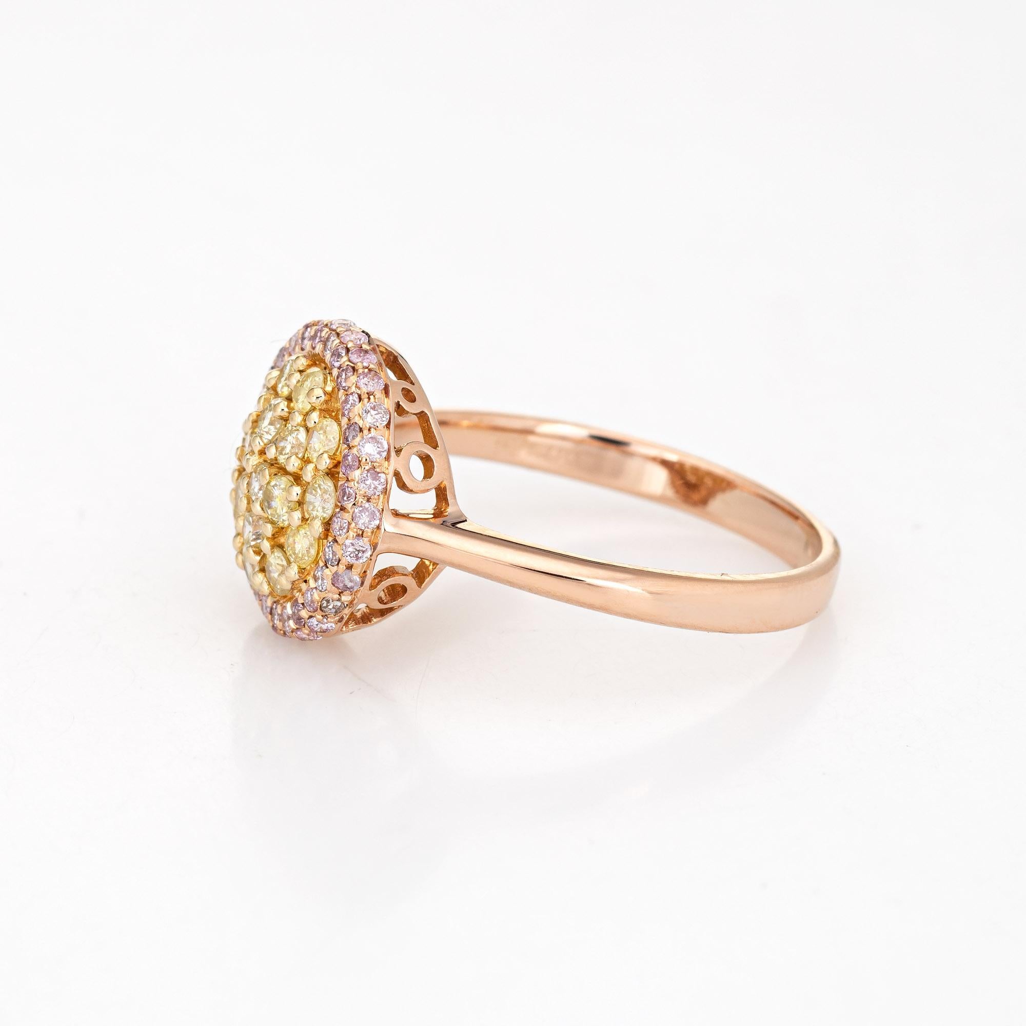 Round Cut Pink Yellow Diamond Halo Ring Estate 18 Karat Rose Gold Fine Colored Gemstones For Sale