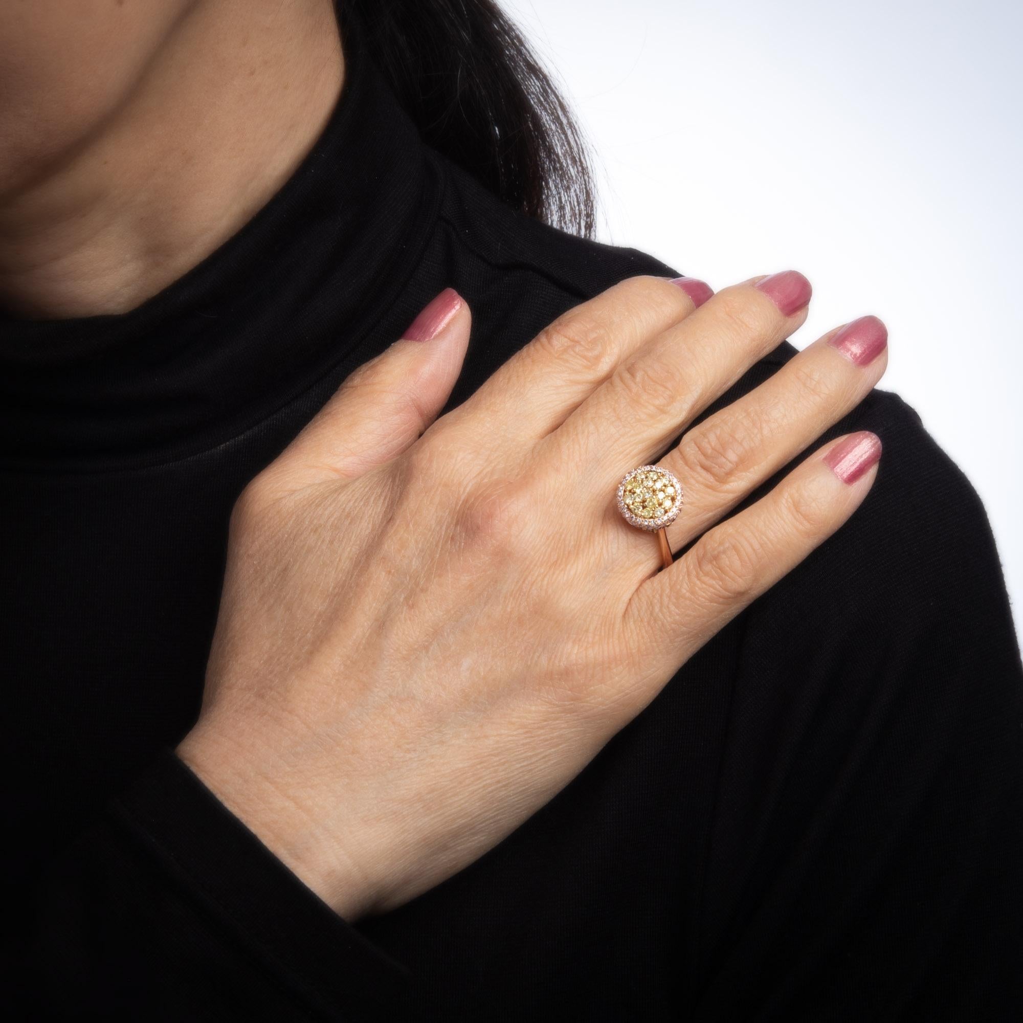 Women's Pink Yellow Diamond Halo Ring Estate 18 Karat Rose Gold Fine Colored Gemstones For Sale