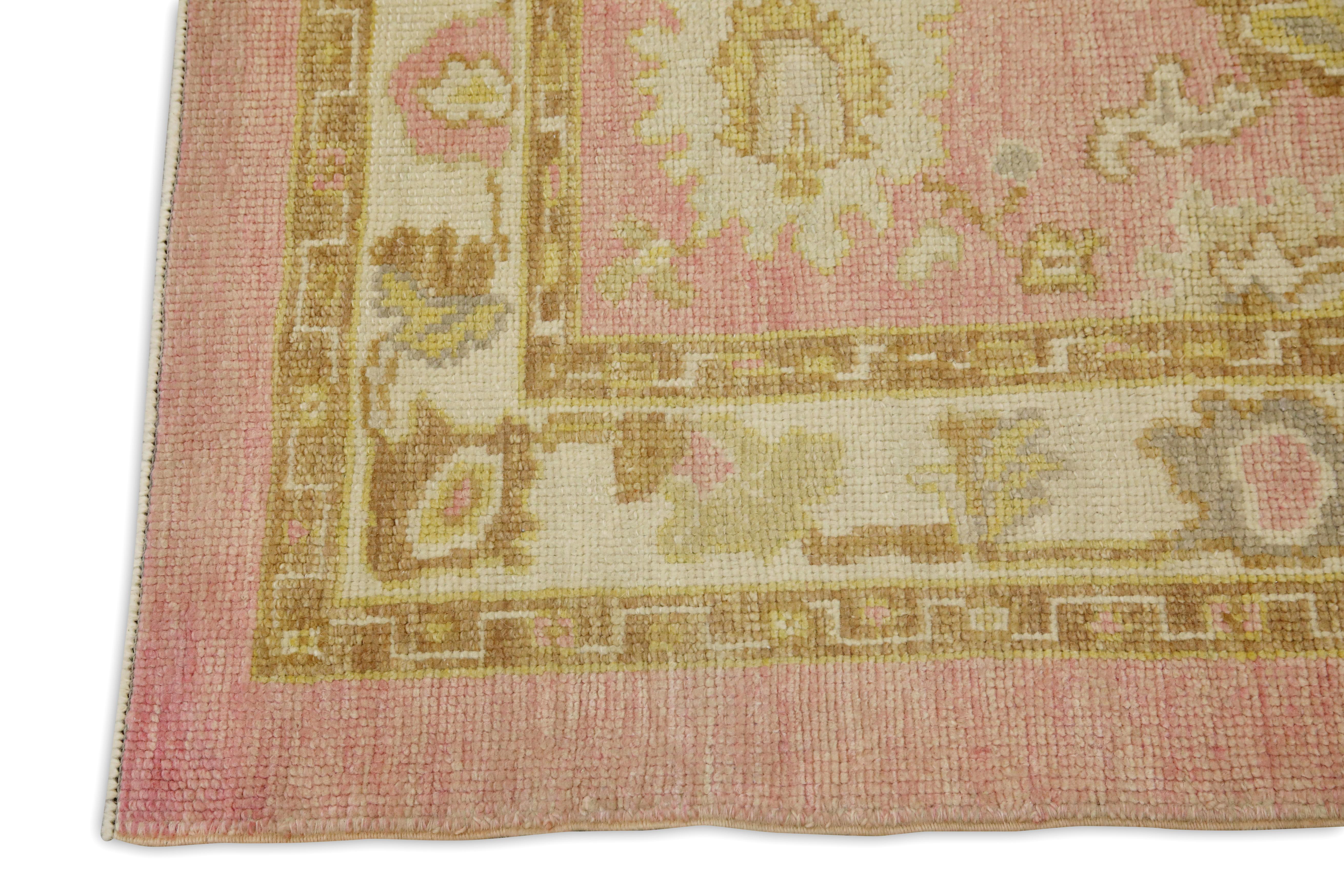 Hand-Woven Pink & Yellow Floral Design Handwoven Wool Turkish Oushak Rug 3' x 4'6