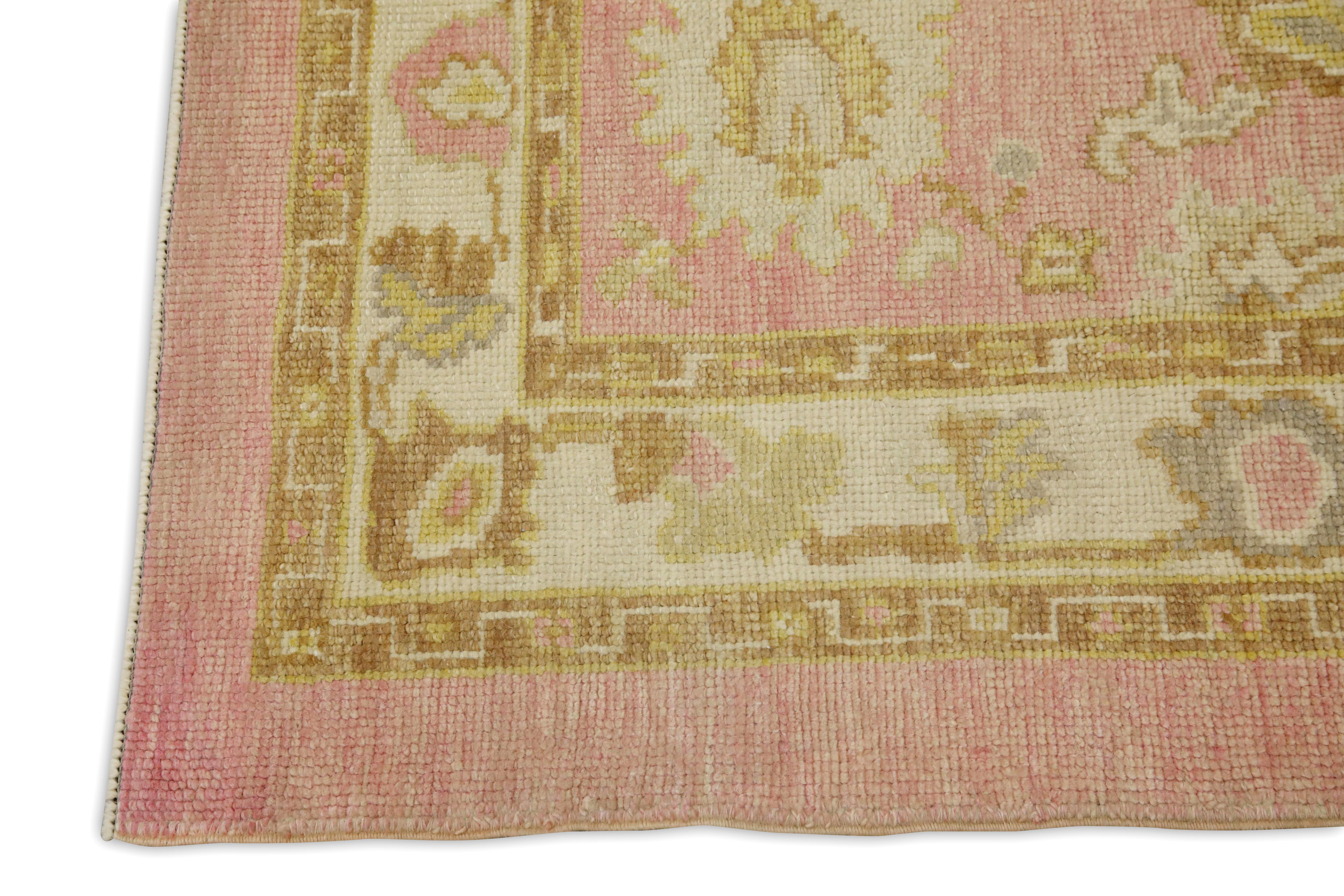Vegetable Dyed Pink & Yellow Floral Design Handwoven Wool Turkish Oushak Rug 3' x 4'6