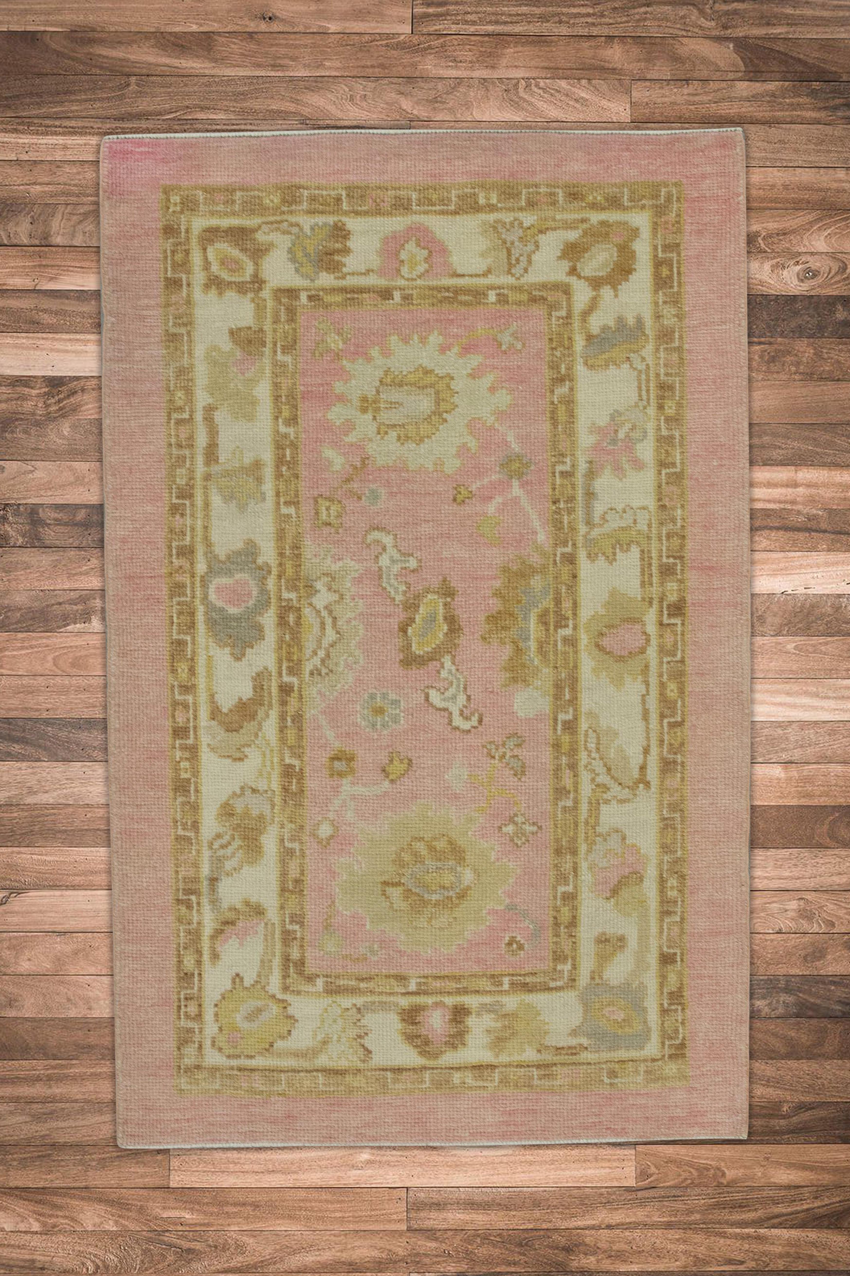 Contemporary Pink & Yellow Floral Design Handwoven Wool Turkish Oushak Rug 3' x 4'6