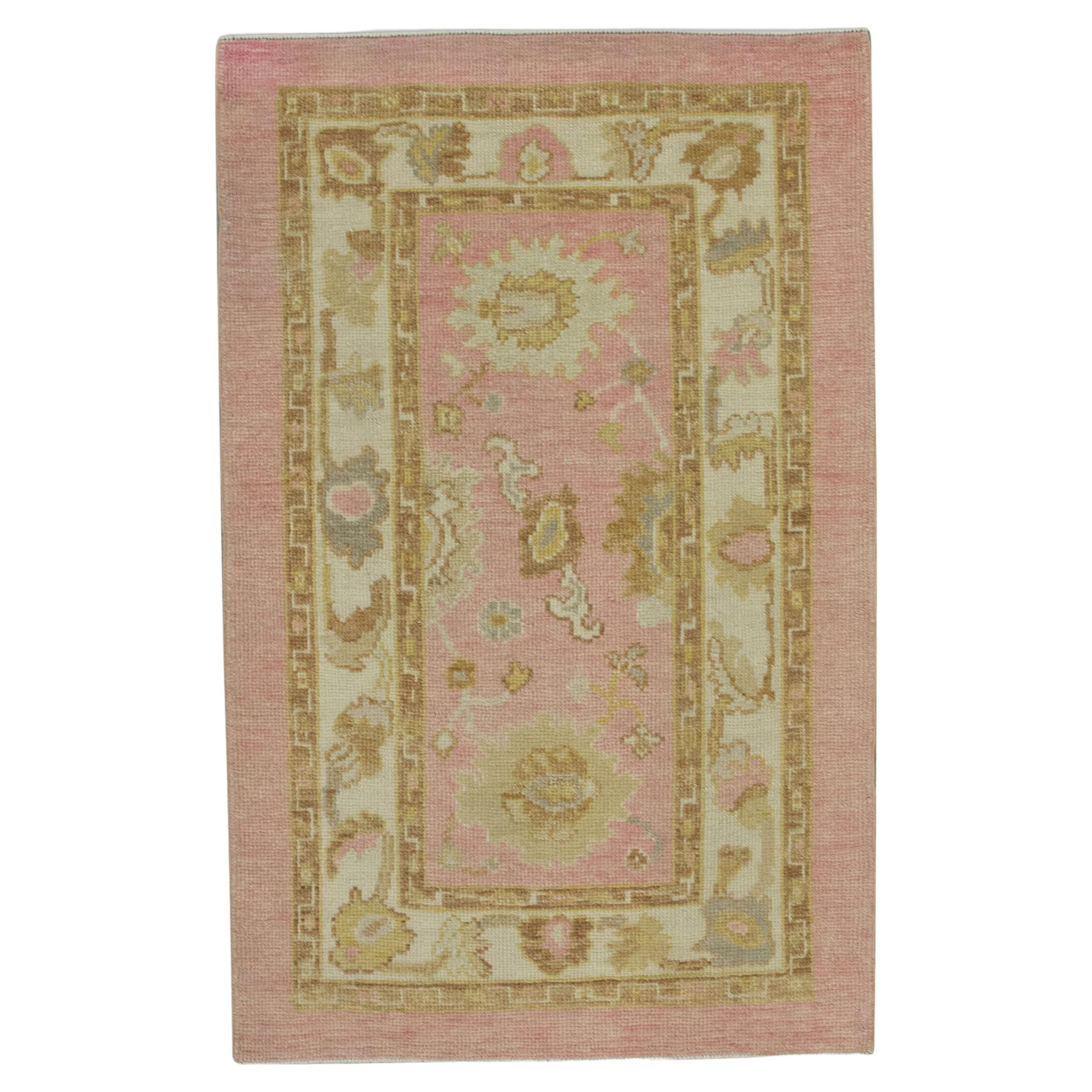 Pink & Yellow Floral Design Handwoven Wool Turkish Oushak Rug 3' x 4'6" For Sale