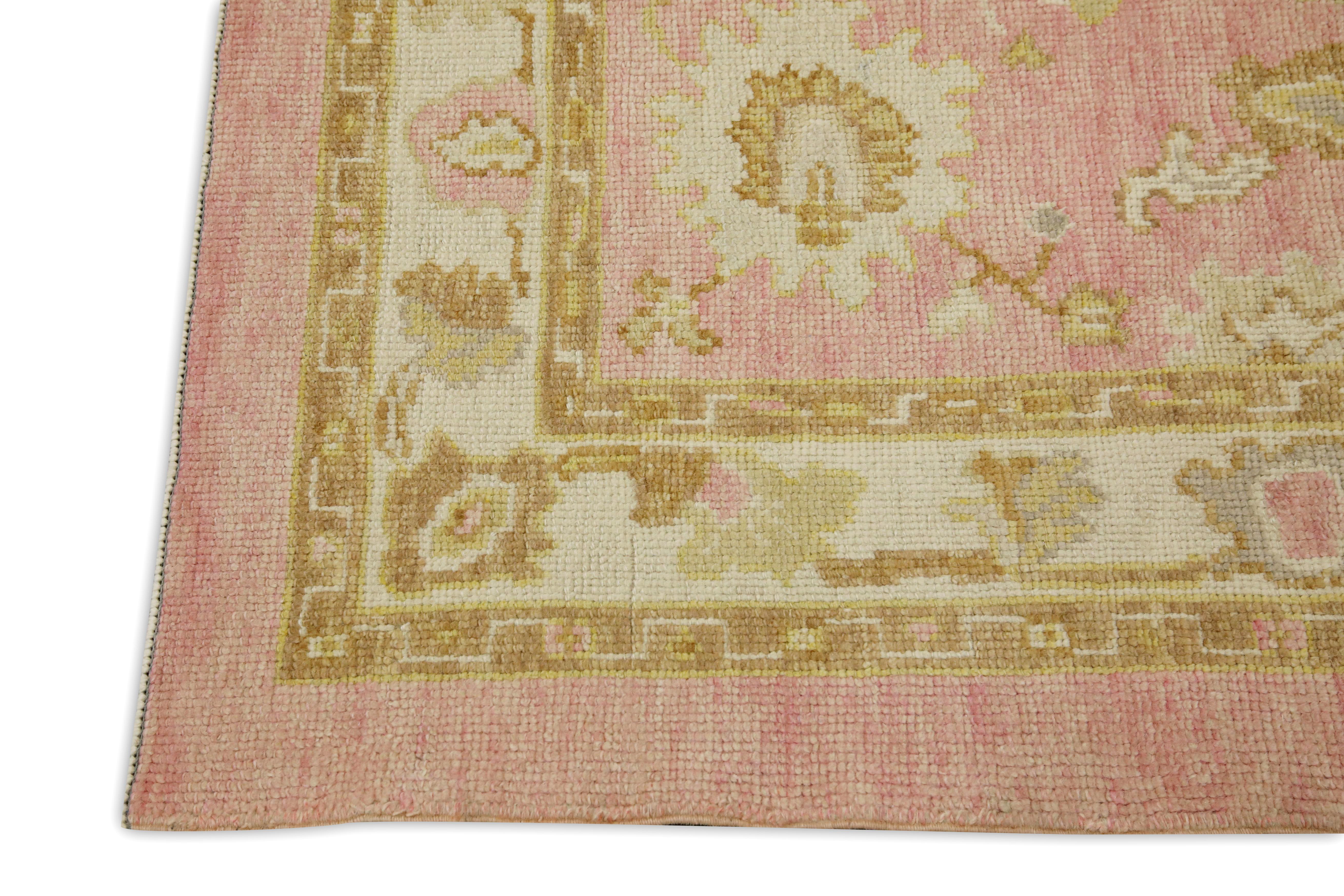 Vegetable Dyed Pink & Yellow Floral Design Handwoven Wool Turkish Oushak Rug 3' x 4'8