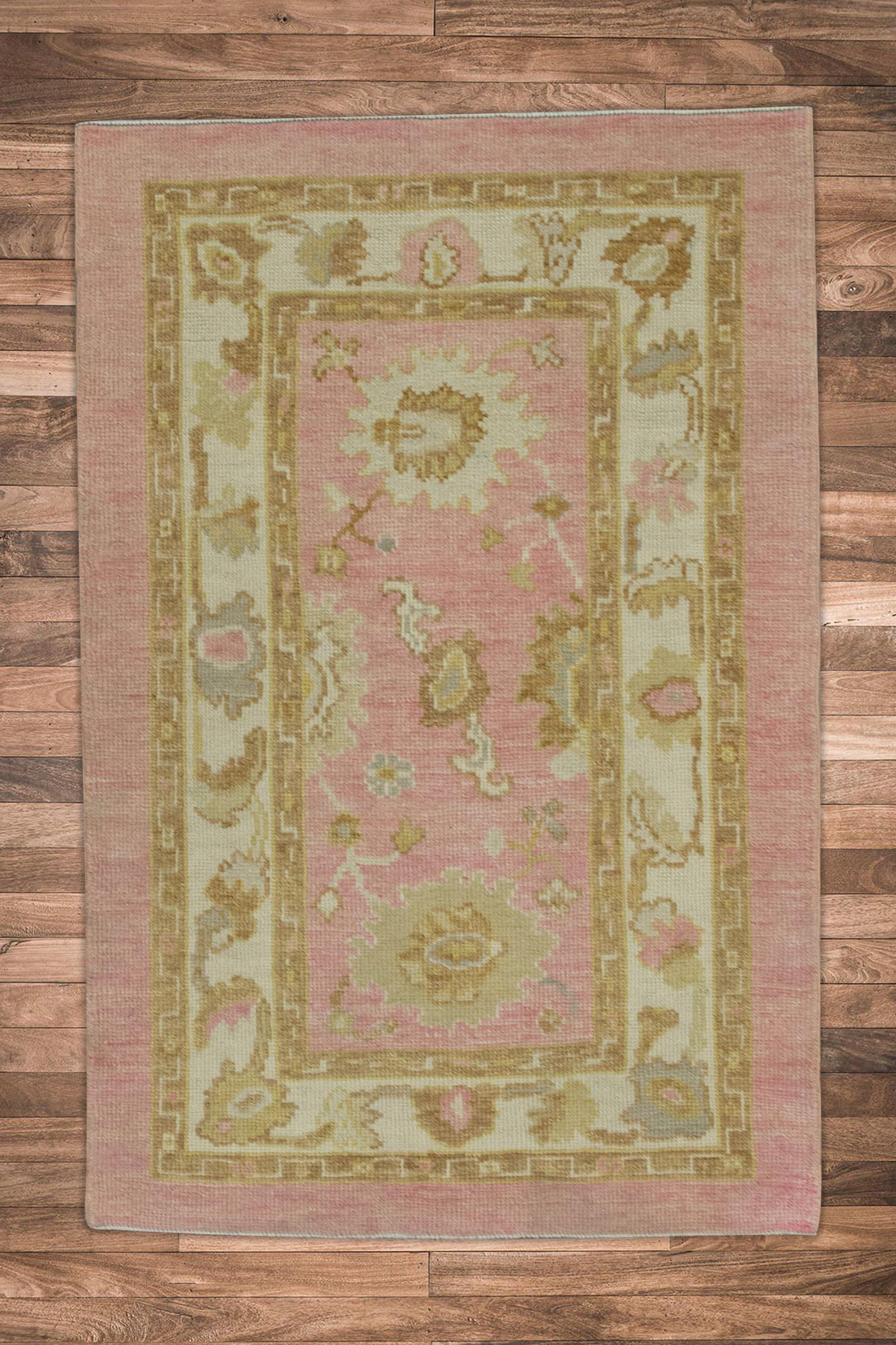 Contemporary Pink & Yellow Floral Design Handwoven Wool Turkish Oushak Rug 3' x 4'8