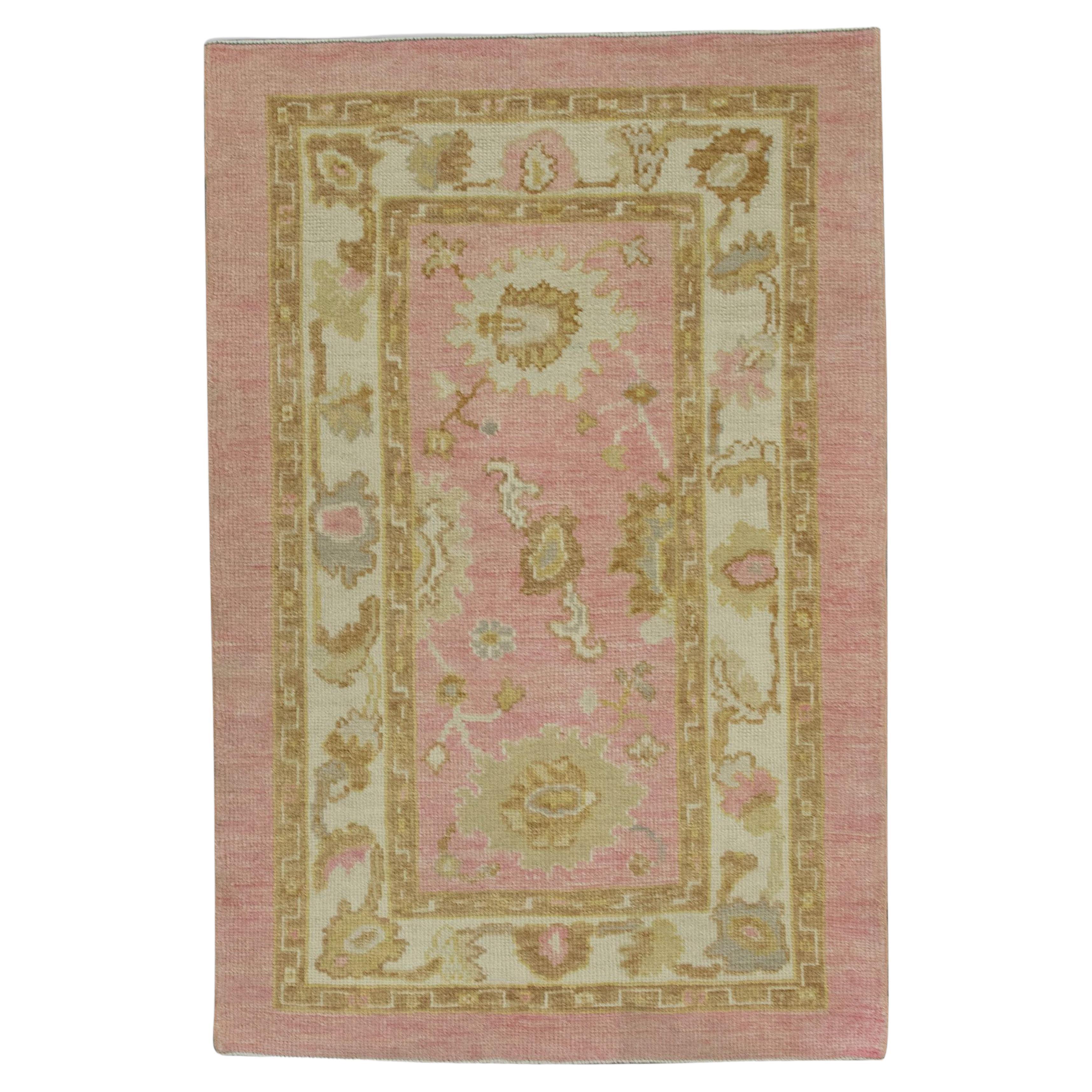 Pink & Yellow Floral Design Handwoven Wool Turkish Oushak Rug 3' x 4'8" For Sale