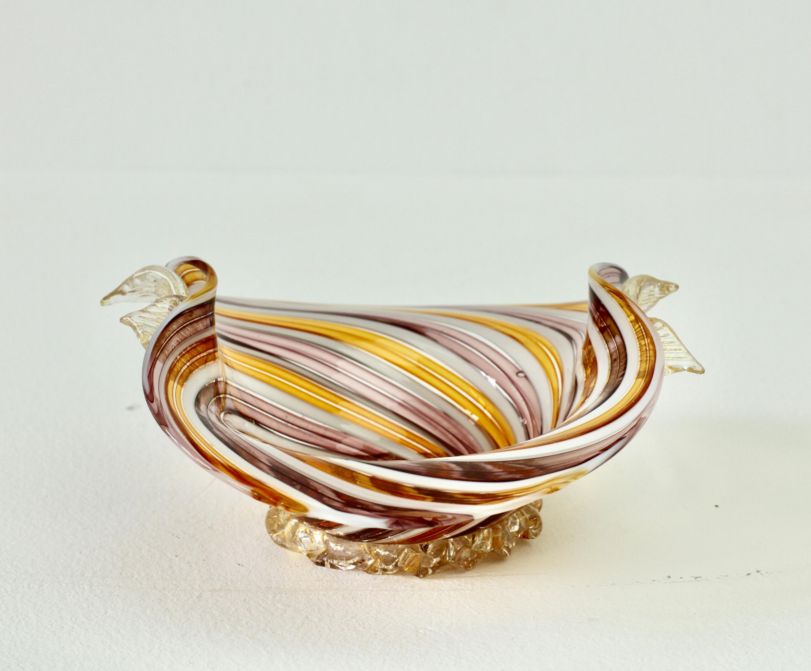 Blown Glass Pink, Yellow & Gold Leaf Murano Glass Filigrana Bowl, Dish or Ashtray, c.1960s
