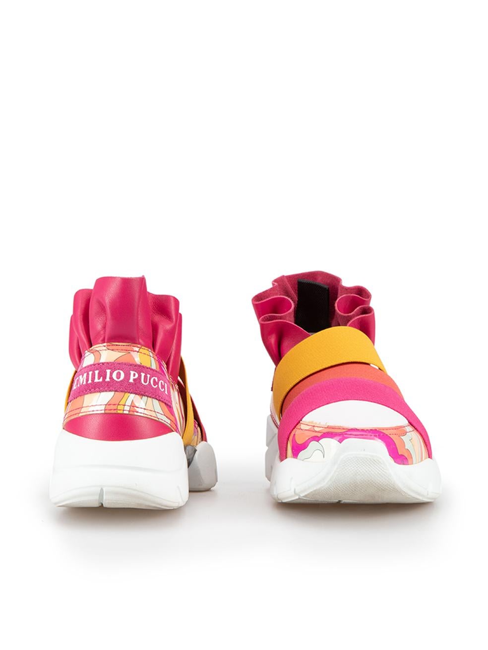 Emilio Pucci Pink & Yellow Leather Ruffle Trim Trainers Size IT 36 In Good Condition For Sale In London, GB