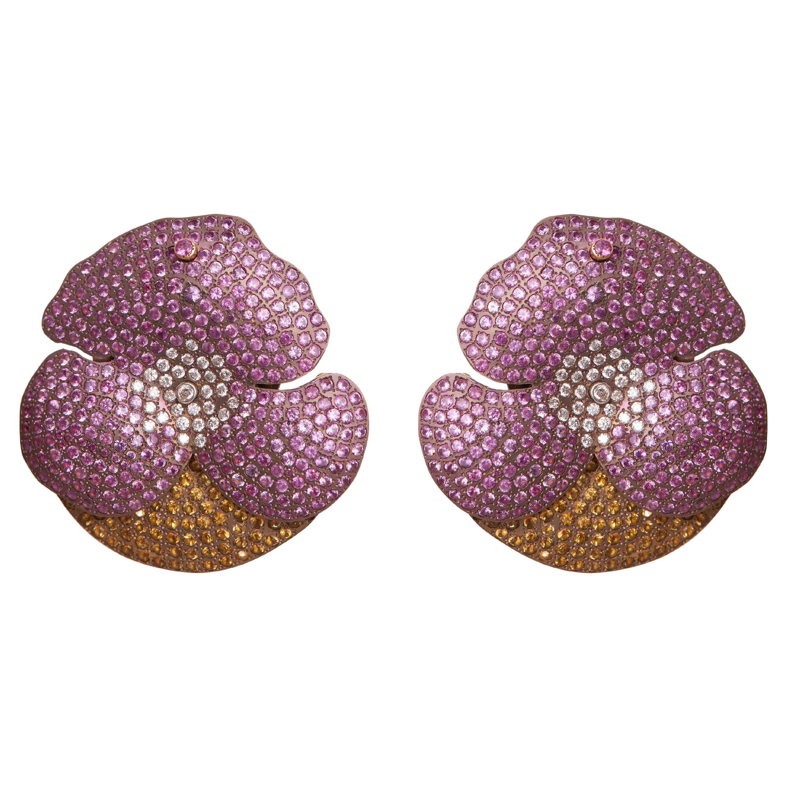 Pink & Yellow Sapphire Flower Earrings - Titanium, 18KT Gold & Diamonds