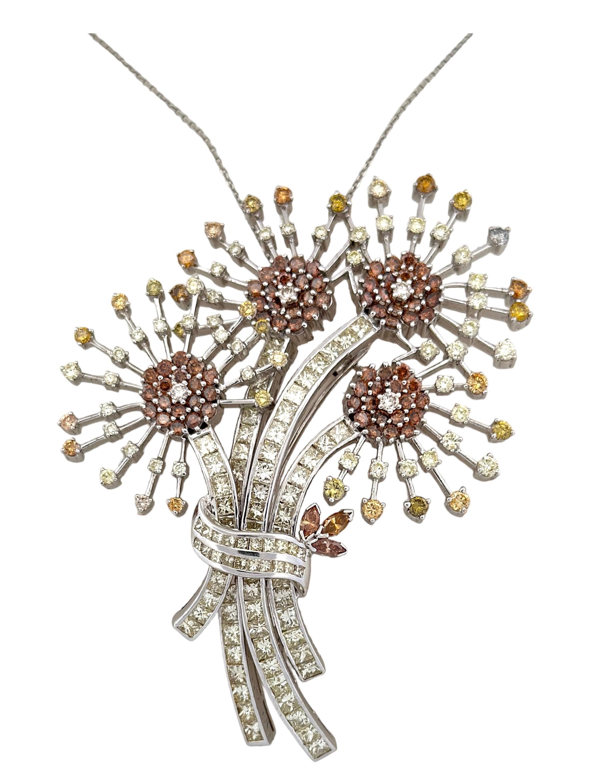 This exquisite Pink, Yellow, and White Diamond Bouquet Brooch Pendant hails from the early 20th century, encapsulating the timeless elegance of that era. Adorned with a sumptuous total diamond weight of 13.91 carats, this remarkable piece is a