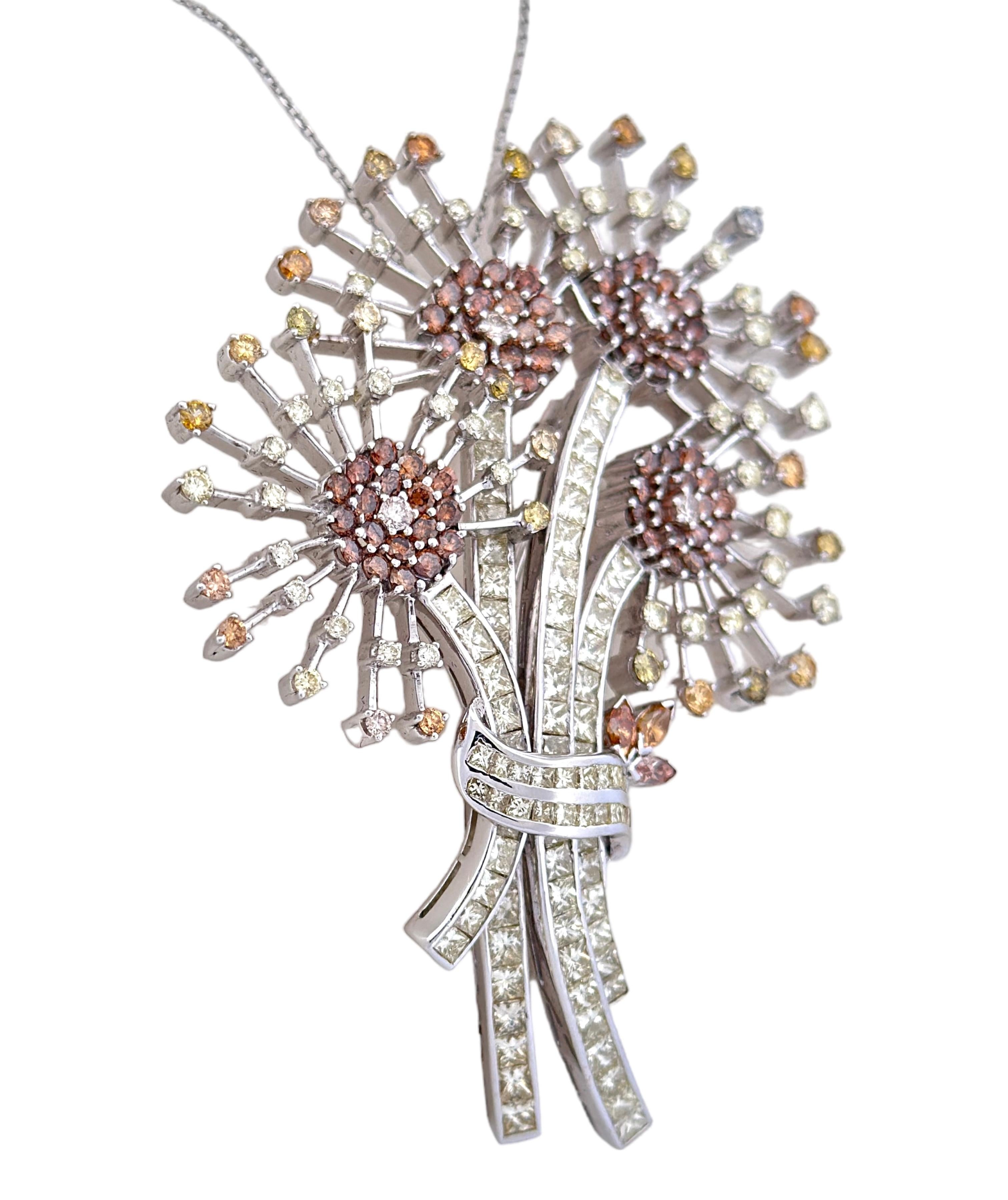 Round Cut Pink, Yellow & White Diamond Bouquet Brooch Pendant For Sale