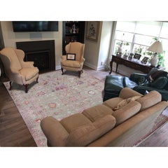 Pink, Beige Wool and Silk Broken Persian Flower Design Hand Knotted Rug