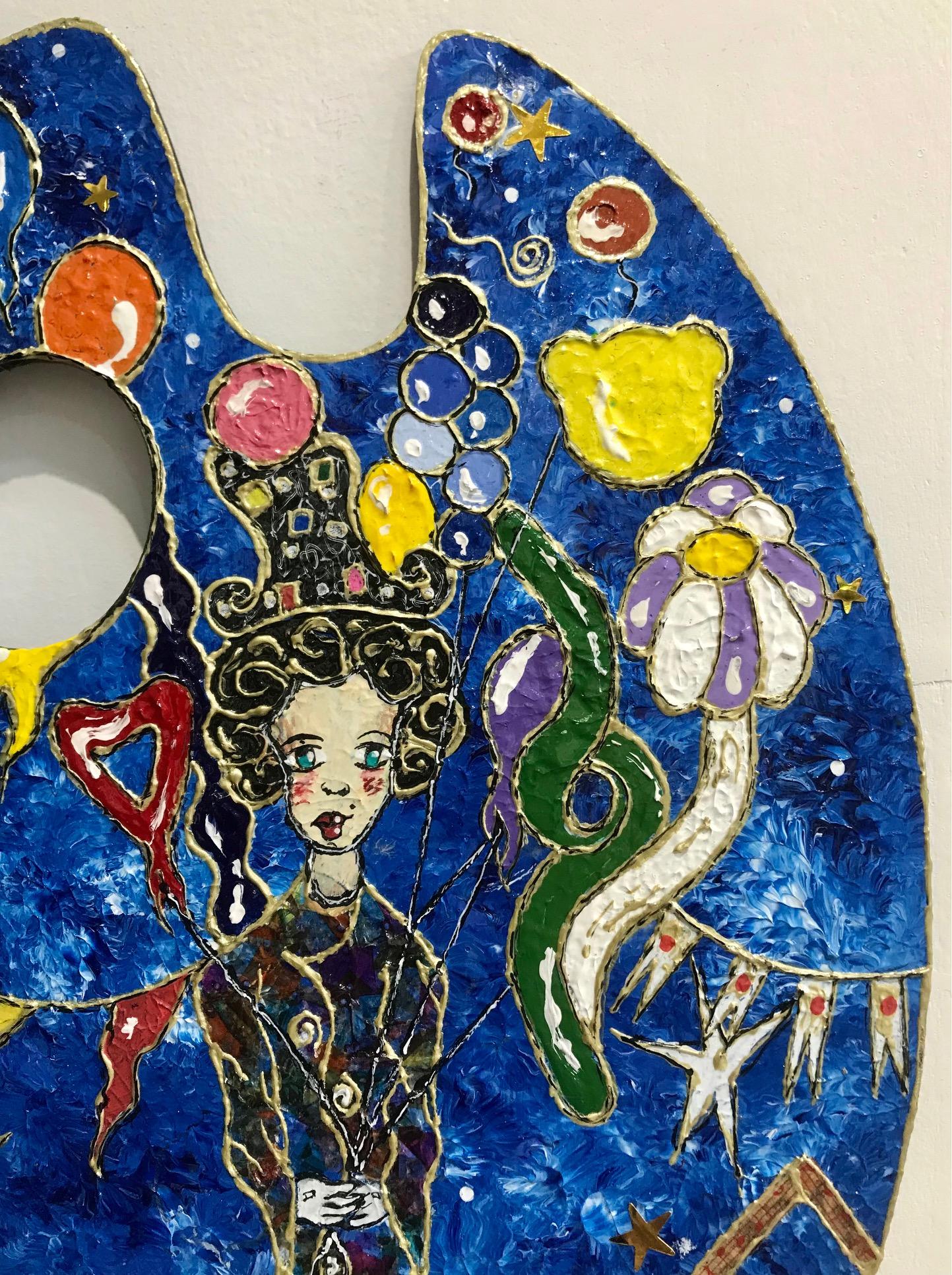 Obra única que combina acrílico, collage y barniz sobre un  paleta de pintura 

Firmado a mano 

Perfecto estado 

Fechado y titulado al dorso

Tema : Vendedor de balones