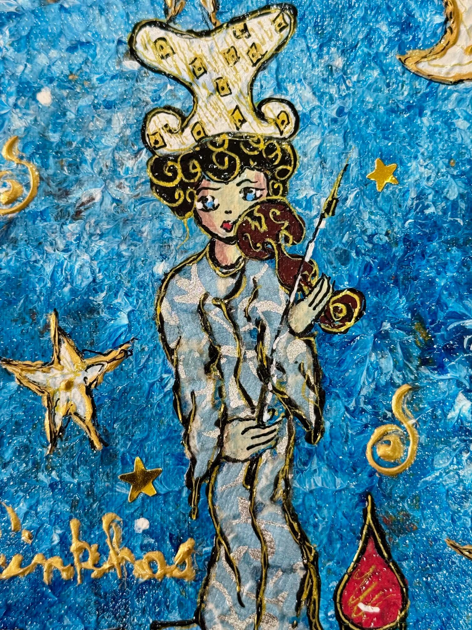 Violoniste au clair de lune - Pièce unique - Pinkhas - L'esprit de Chagall - Naïf - Painting de PINKHAS