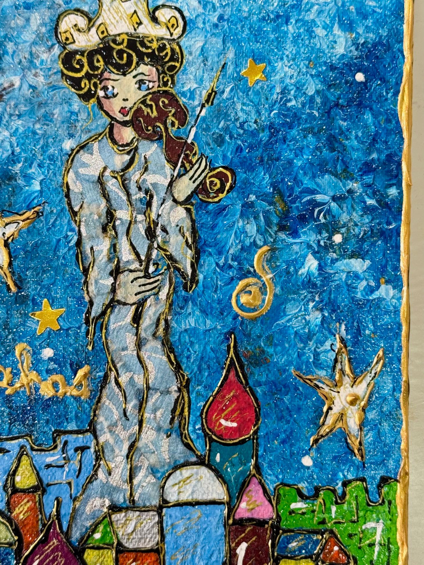 Violoniste au clair de lune - Pièce unique - Pinkhas - L'esprit de Chagall - Naïf - École française Painting par PINKHAS