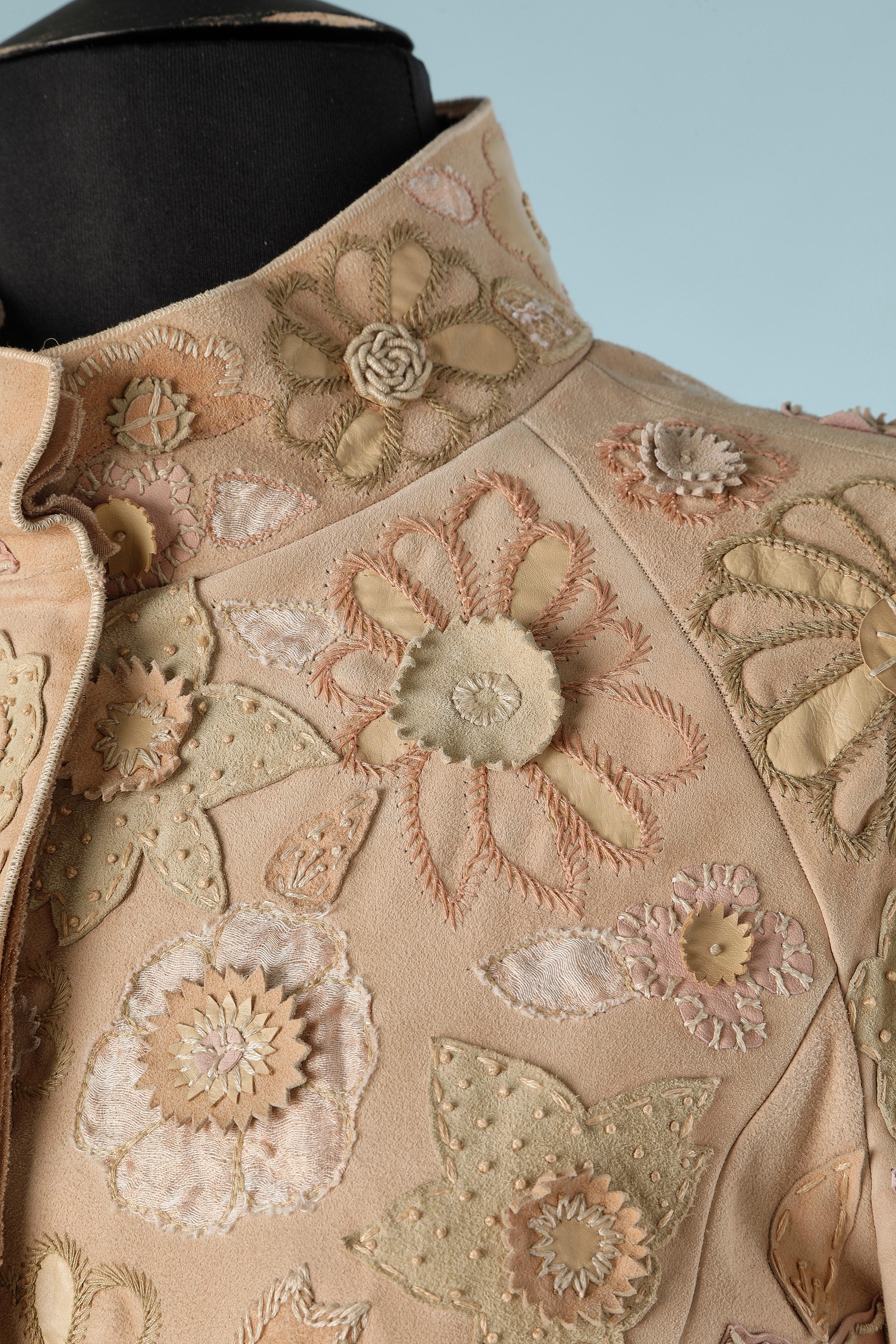 Beige Pinkish beige suede jacket with suede and leather flowers appliqué J Mendel For Sale