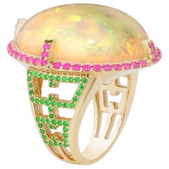 Goshwara Pinkish Opal With Tsavorites And Pink Sapphire Ring