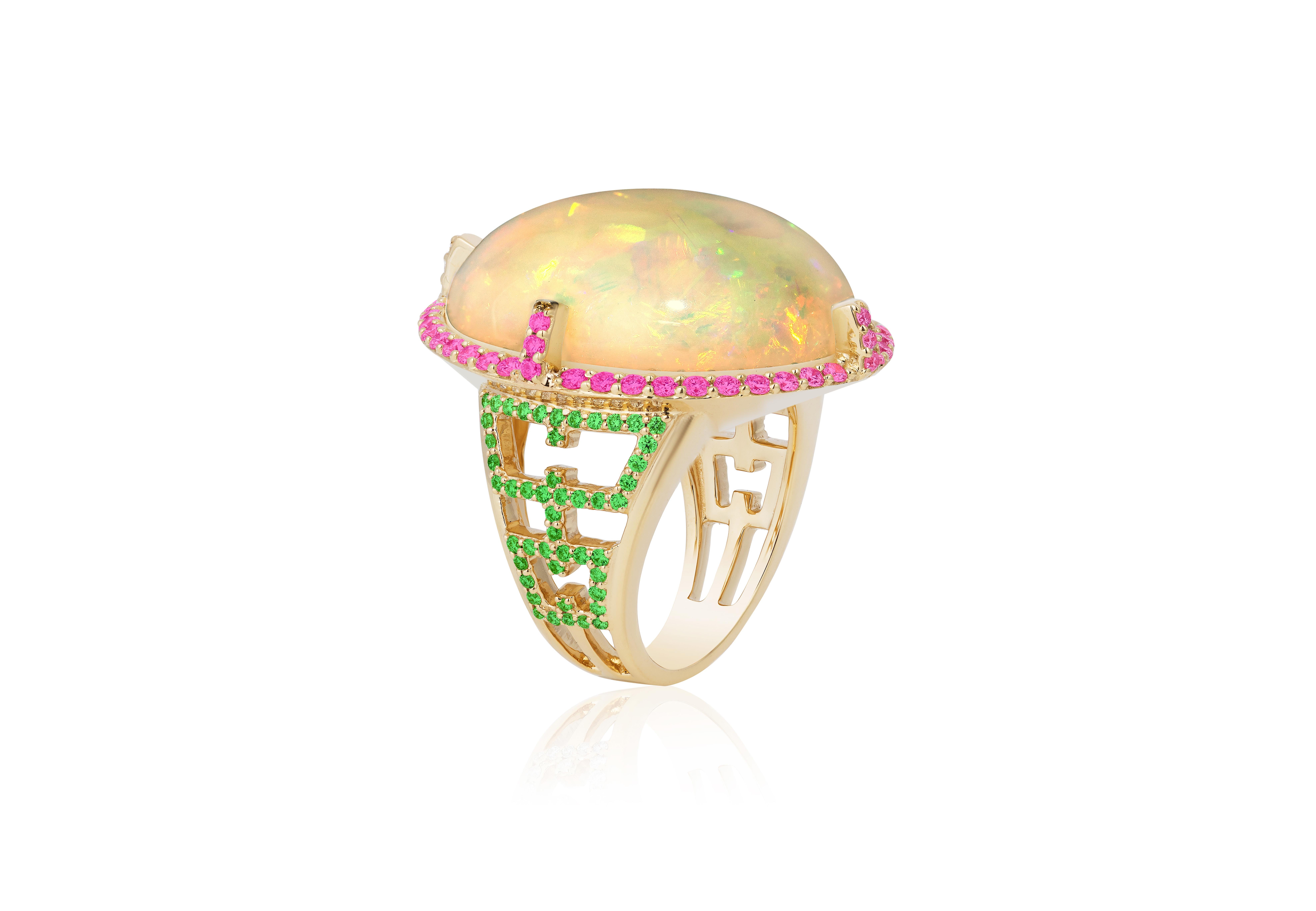 Pinkish Opal Ring with Tsavorites, Pink Sapphires & Diamonds in 18k Yellow Gold, from 'G-One' Collection

Stone Size: 24 x 18 mm

Gemstone Weight: 26.19 Carats
