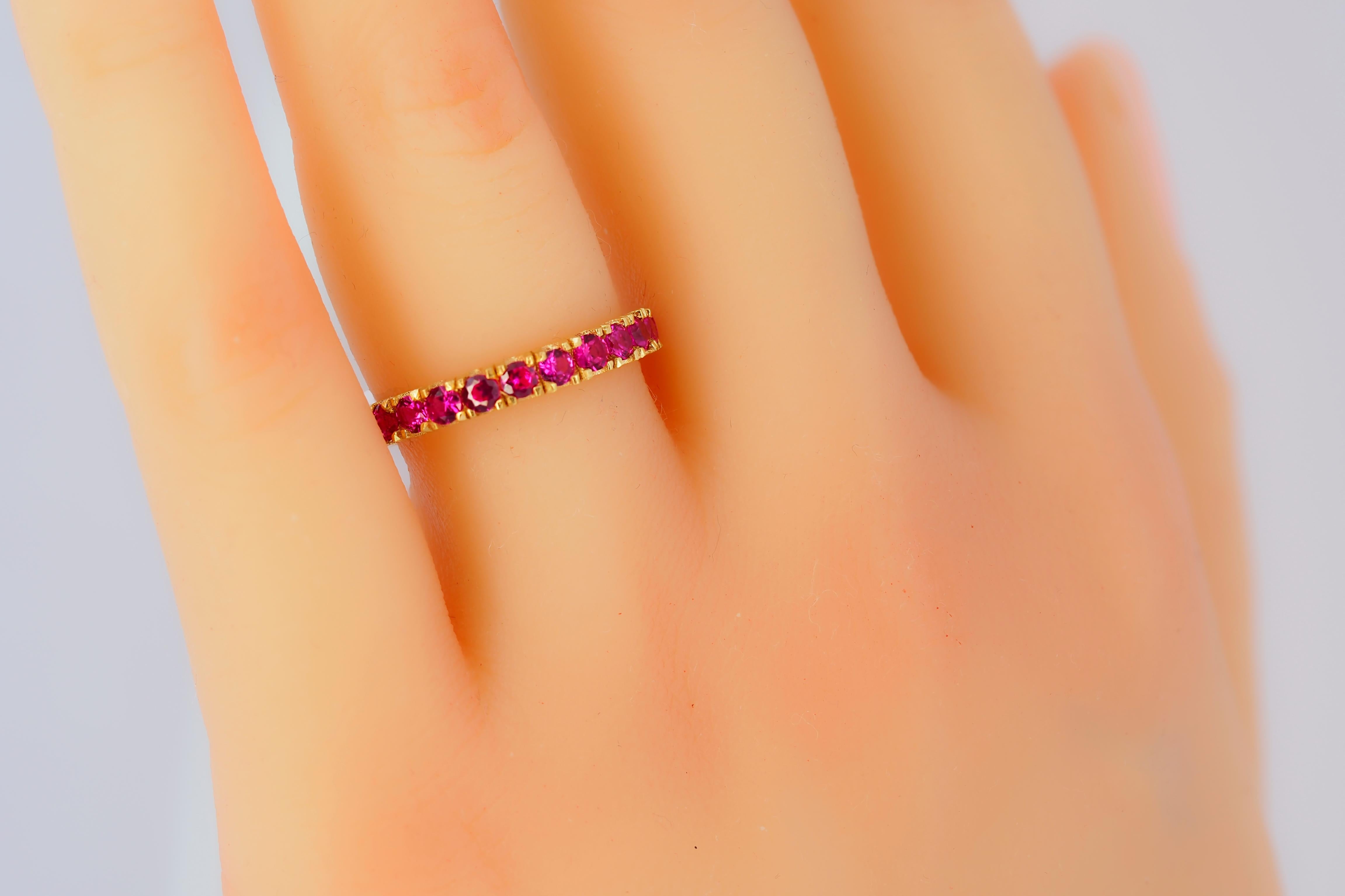 Pinkish red gemstone 14k gold eternity ring band. Lab ruby eternity ring. Lab ruby Pave Band Engagement Ring. Full Eternity Ring. Stacking eternity 14k gold ring. 

Metal: 14k gold
Weight: 2 gr depends from size
Lab ruby: pinkish red color, round