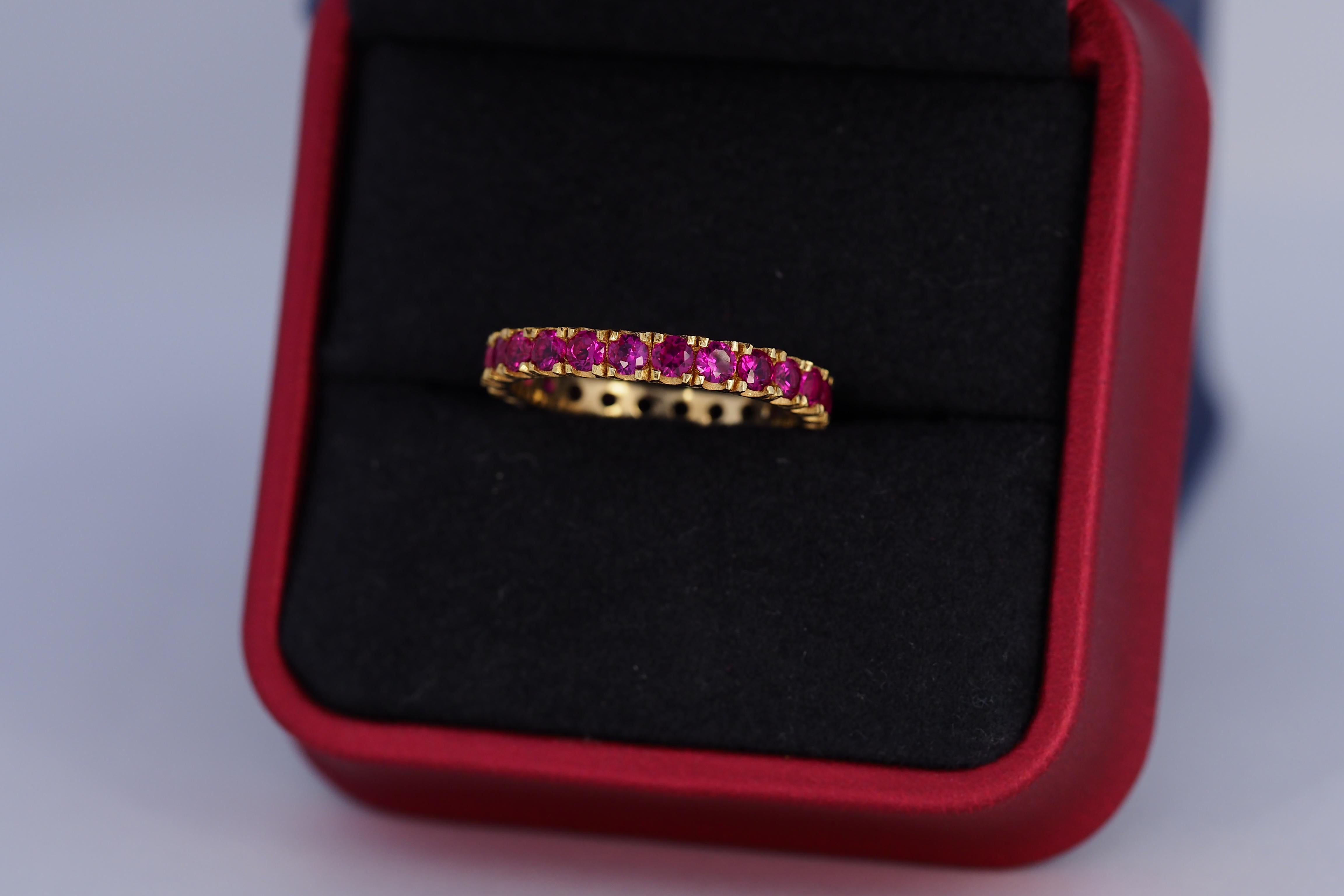 Women's or Men's Pinkish red gemstone 14k gold eternity ring band For Sale