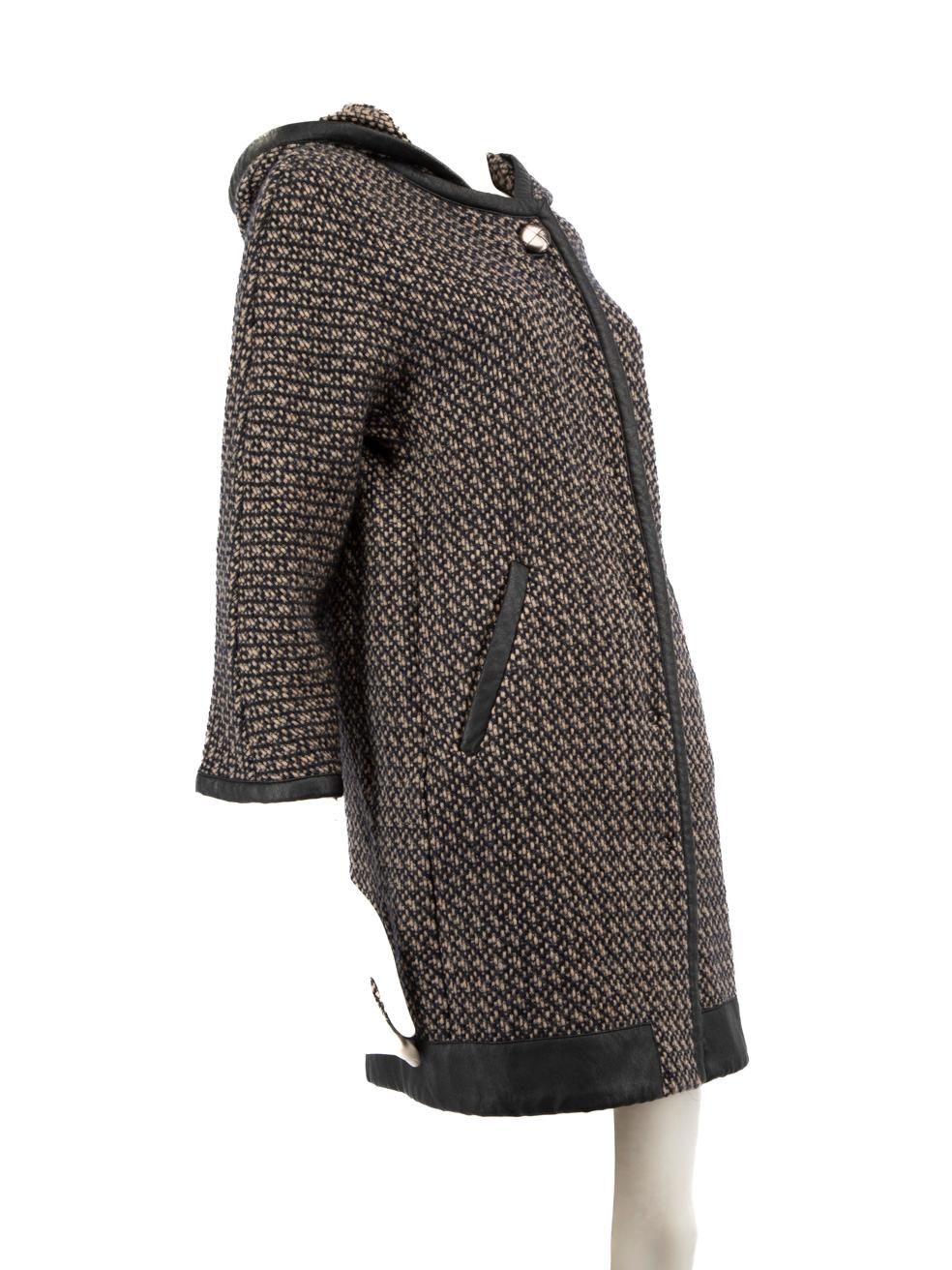 CONDITION is Very good. Hardly any visible wear to coat is evident on this used Pinko designer resale item.
 
 Details
 Multicolour- brown, navy
 Wool
 Coat
 Black leather trim
 Abstract pattern
 Long sleeves
 Button and snap button fastening
