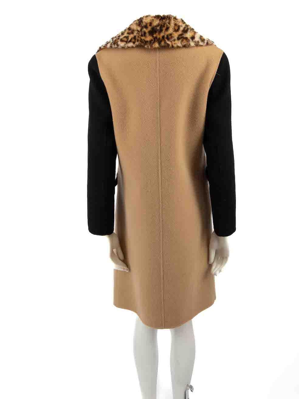 Pinko Beige Wool Leopard Detail Colour Block Coat Size XS In Good Condition For Sale In London, GB