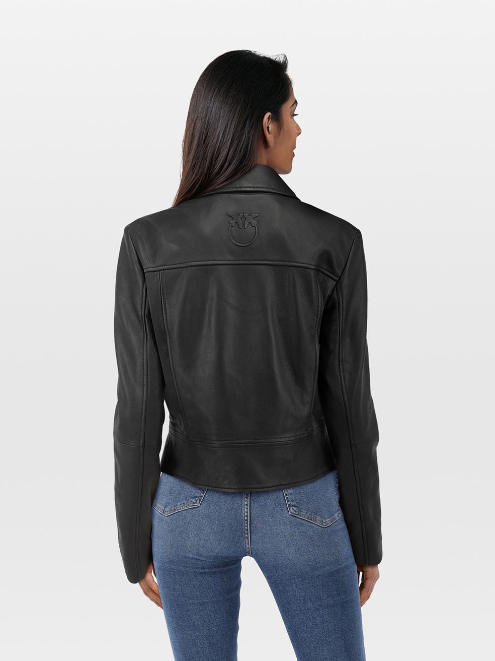 CONDITION is New with tags. No visible wear to jacket is evident on this new Pinko designer resale item.
 
 
 
 Details
 
 
 Model: Sensibile
 
 Black
 
 Nappa leather
 
 Biker jacker
 
 Front asymmetric zip closure
 
 Zipped cuffs
 
 Tabs with