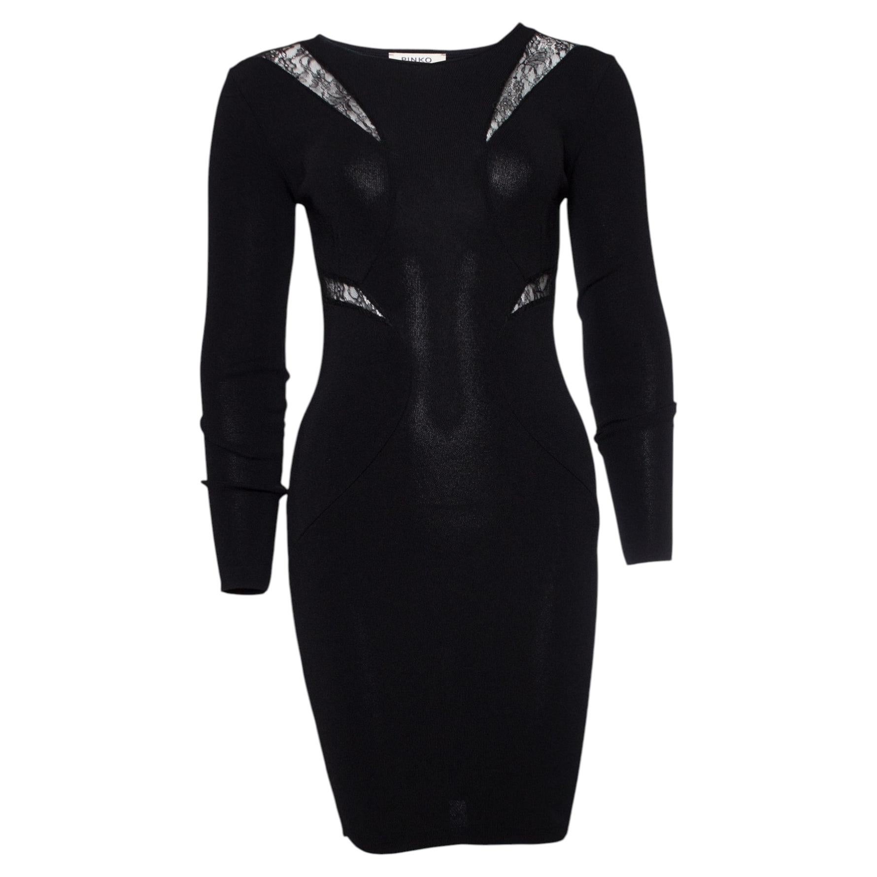 Pinko, robe stretch noire avec détails en dentelle en vente