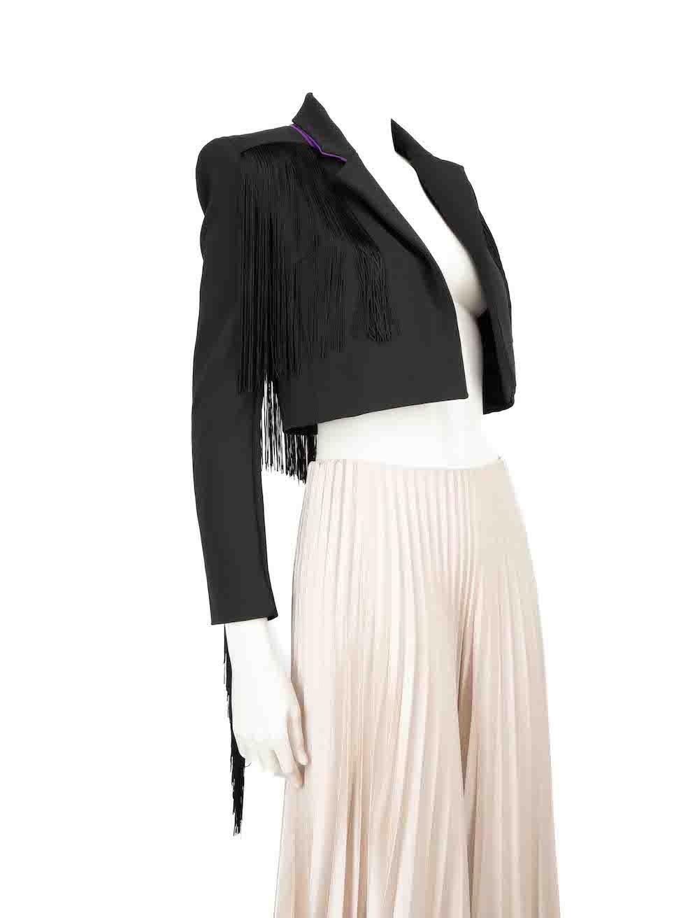 CONDITION is Very good. Minimal wear to the blazer is evident. Minimal marks on the left sleeve on this used Pinko designer resale item.
 
 
 
 Details
 
 
 Black
 
 Polyester
 
 Blazer
 
 Tassel trim
 
 Long sleeves
 
 Shoulder pads
 
 Cropped fit

