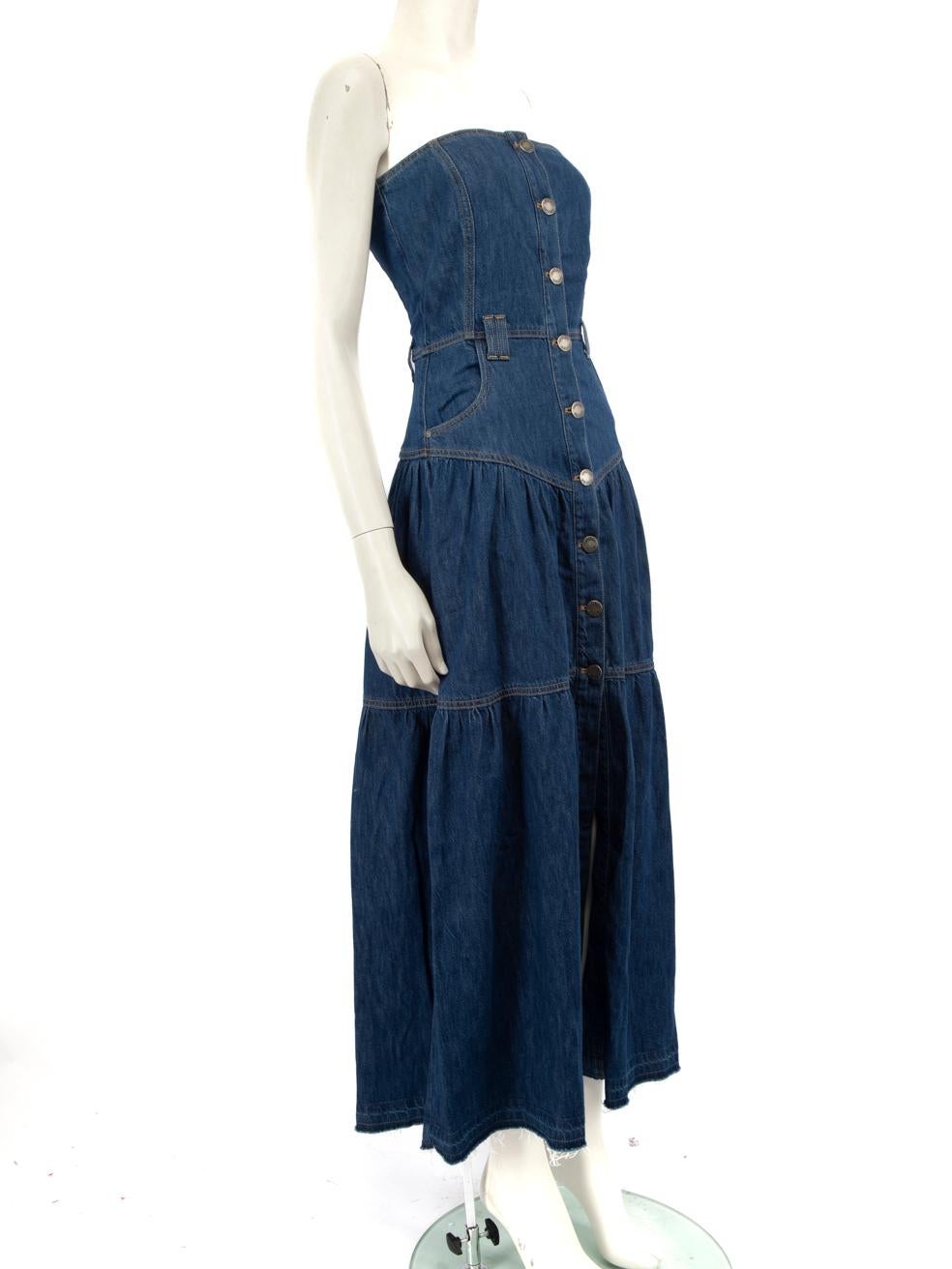 CONDITION is Very good. Hardly any visible wear to dress is evident on this used Pinko designer resale item.
 
 Details
 
 
 Blue
 
 Cotton
 
 Dress
 
 Maxi
 
 Stretchy
 
 Strapless
 
 Button up closure
 
 Belt loops
 
 Tiered skirt
 
 2x front