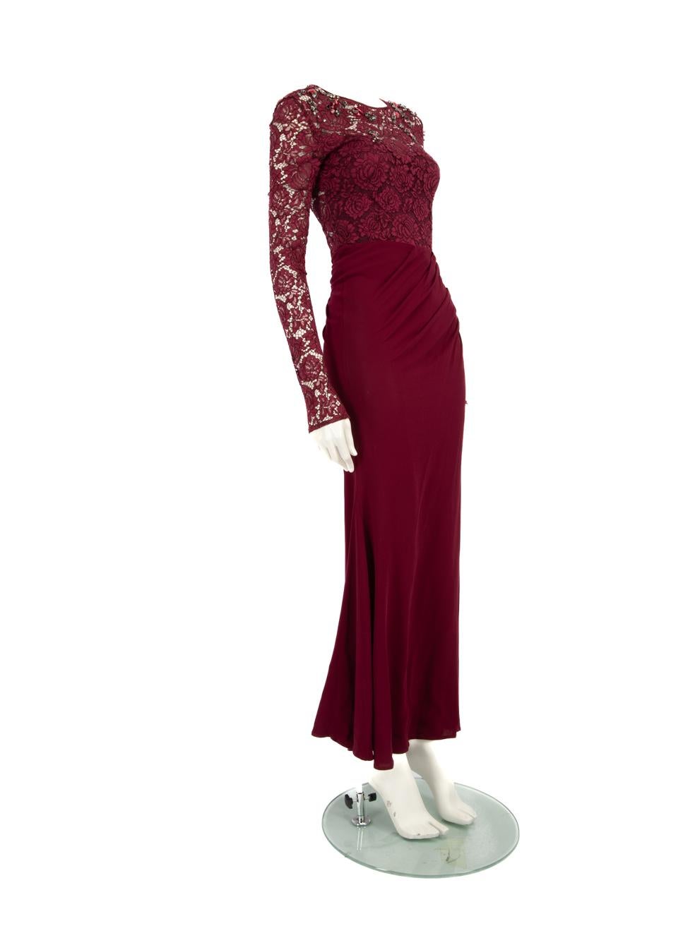 CONDITION is Very Good. Hardly any visible wear to the dress is evident on this Pinko designer resale item.
  
  
  
  Details
  
  
  Burgundy
  
  Lace
  
  Dress
  
  Floral panel
  
  See through
  
  Front embellished detail
  
  Long sleeves
 