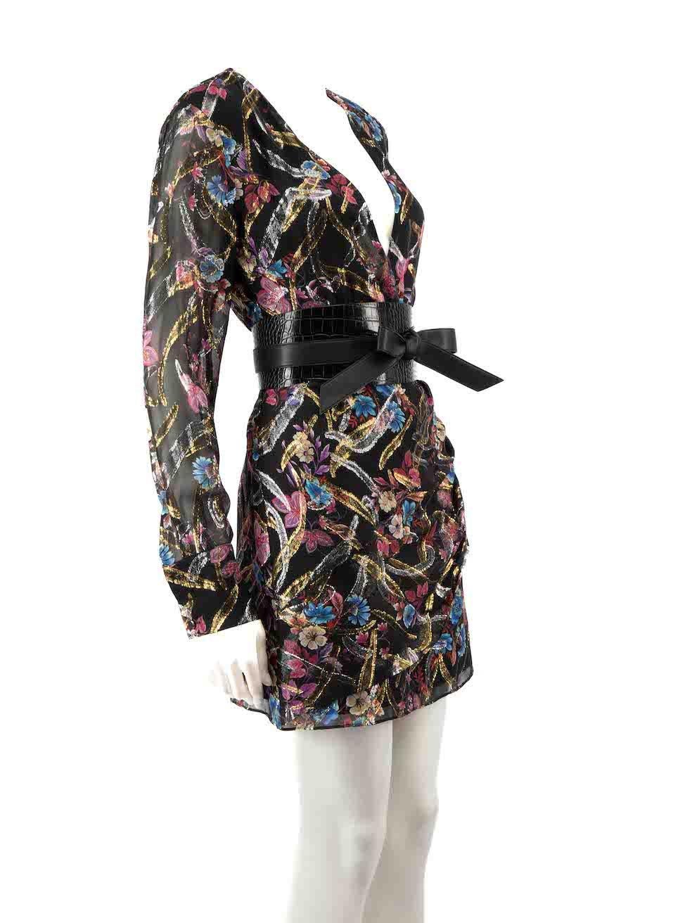 CONDITION is Very good. Hardly any visible wear to dress is evident on this used Pinko designer resale item.
 
 
 
 Details
 
 
 Multicolour- Black tone
 
 Silk
 
 Mini dress
 
 Floral metallic print pattern
 
 Plunge neckline
 
 Open back
 
 Back